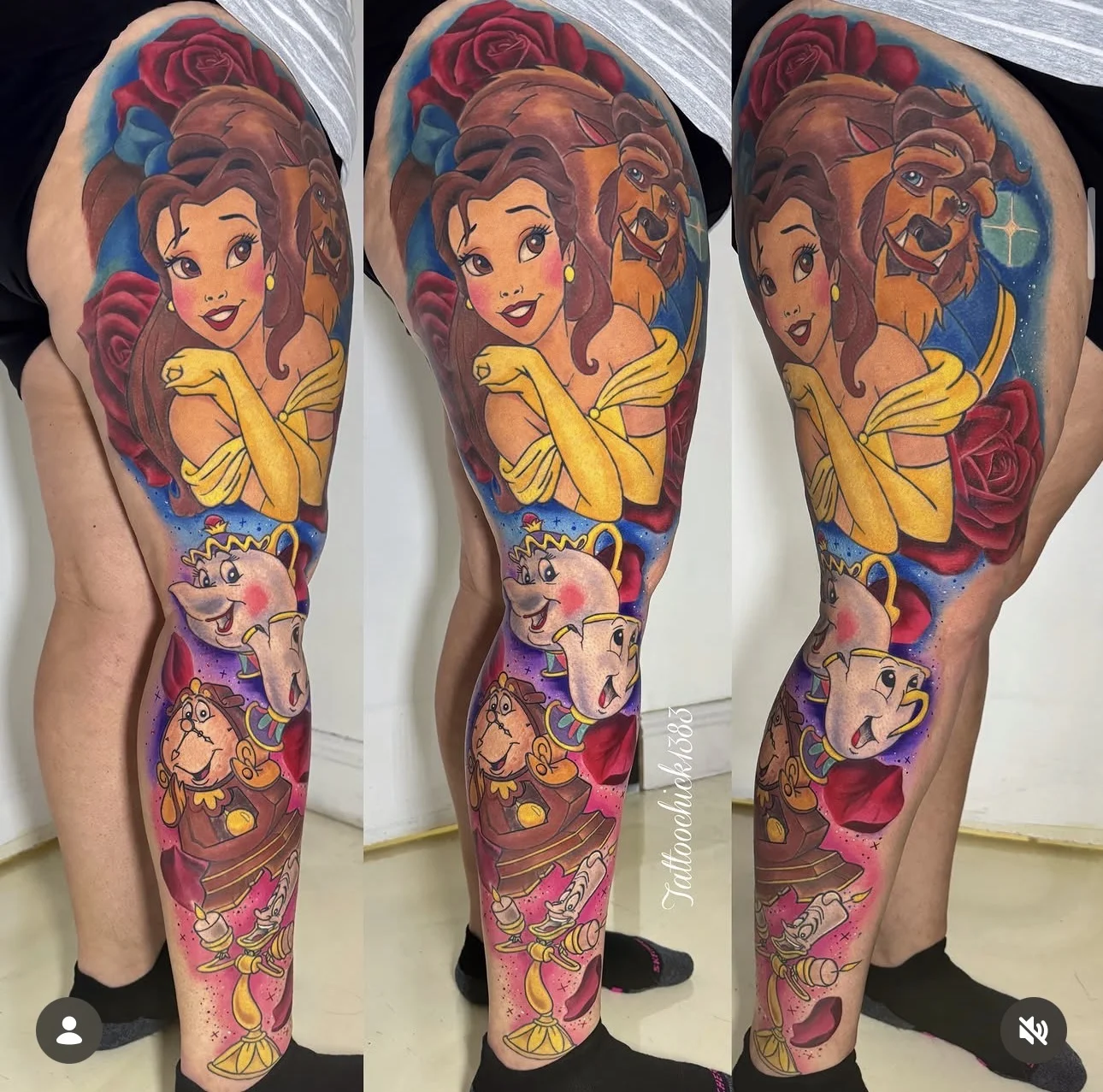 New School tattoo by Tattoo Chick: woman, beast, rose, teapot