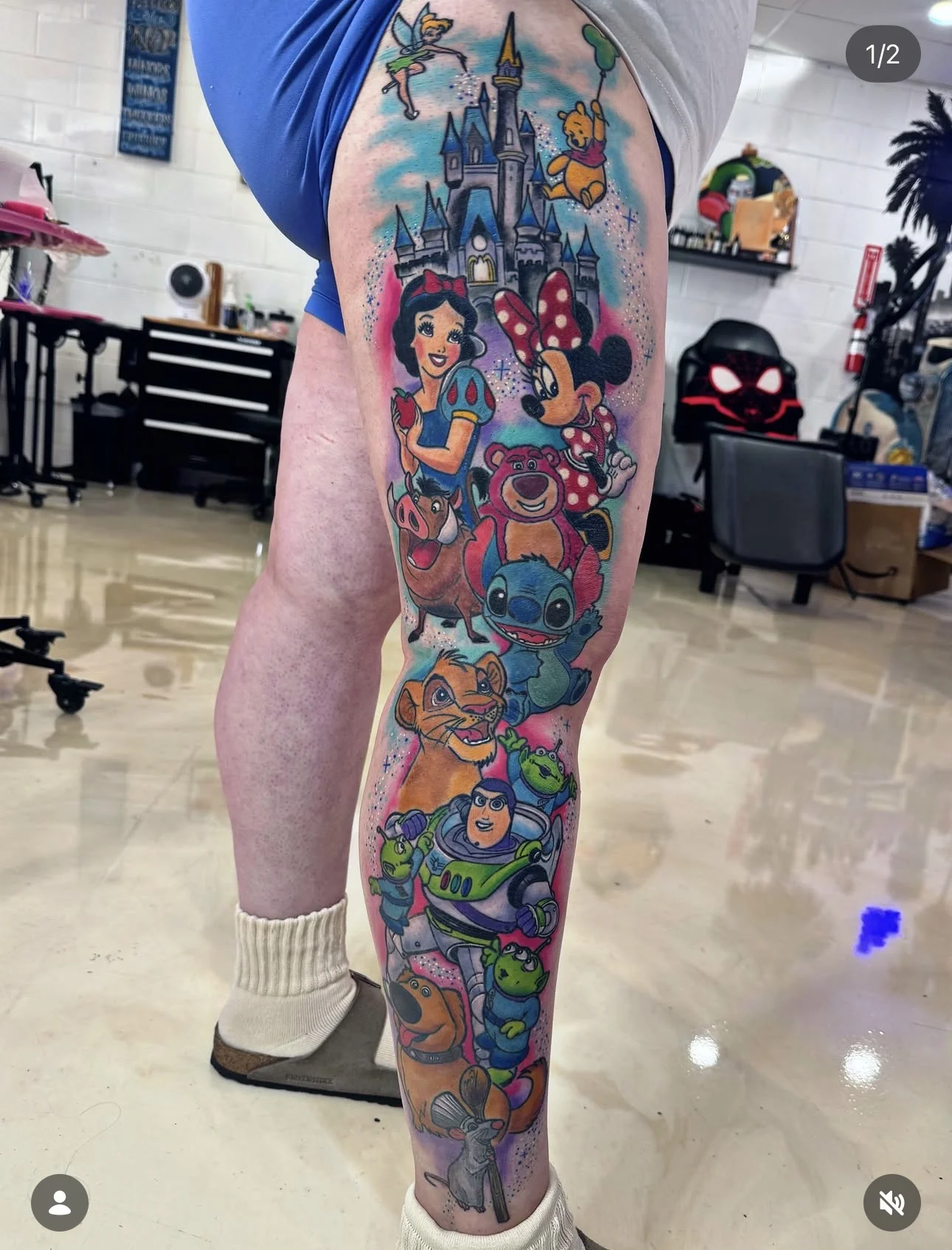 New School tattoo by Tattoo Chick: tinker bell, cinderella castle, winnie the pooh, snow white