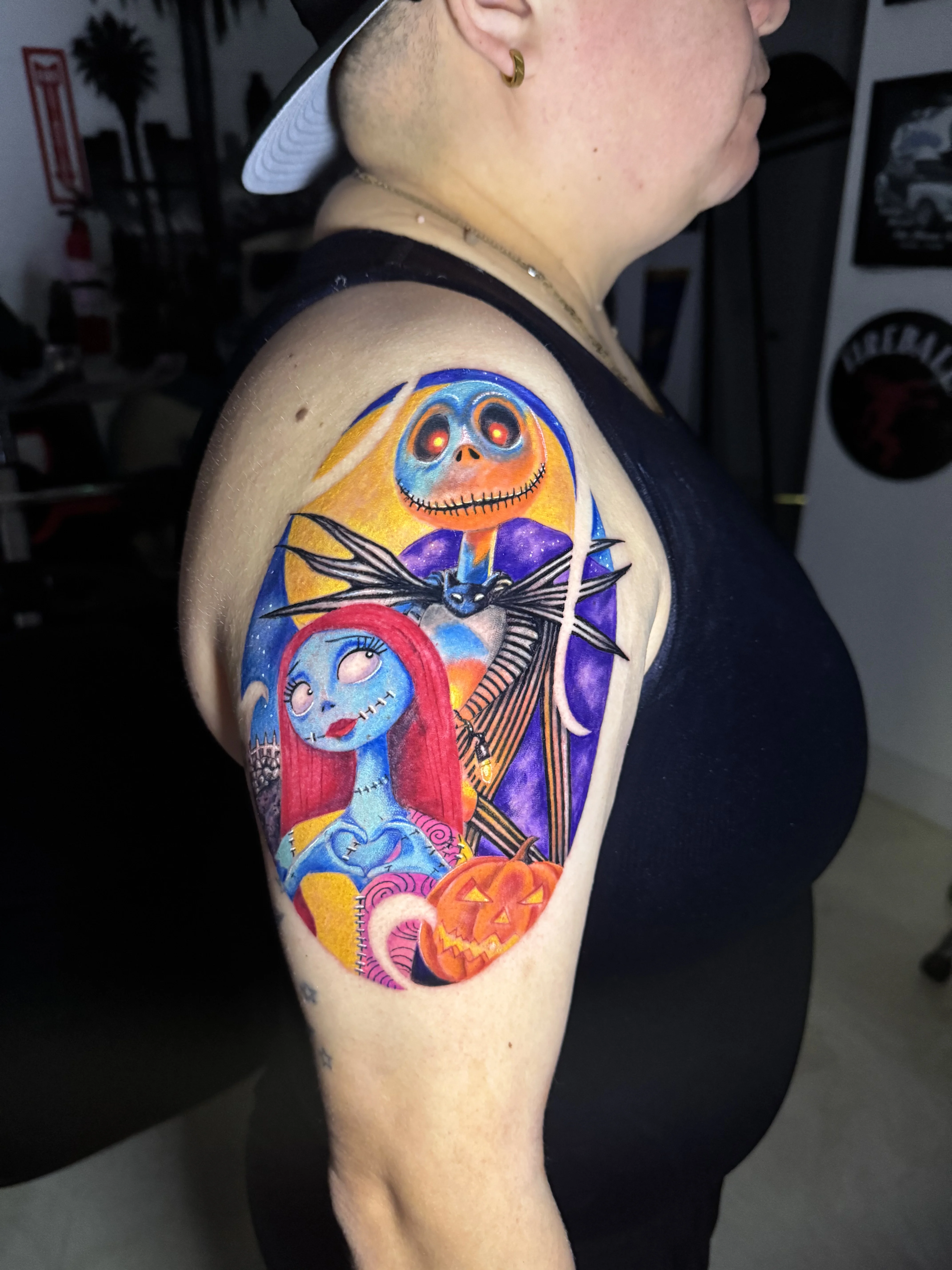 Neo-Traditional tattoo by Tattoo Chick: jack skellington, sally, bat, jack-o'-lantern