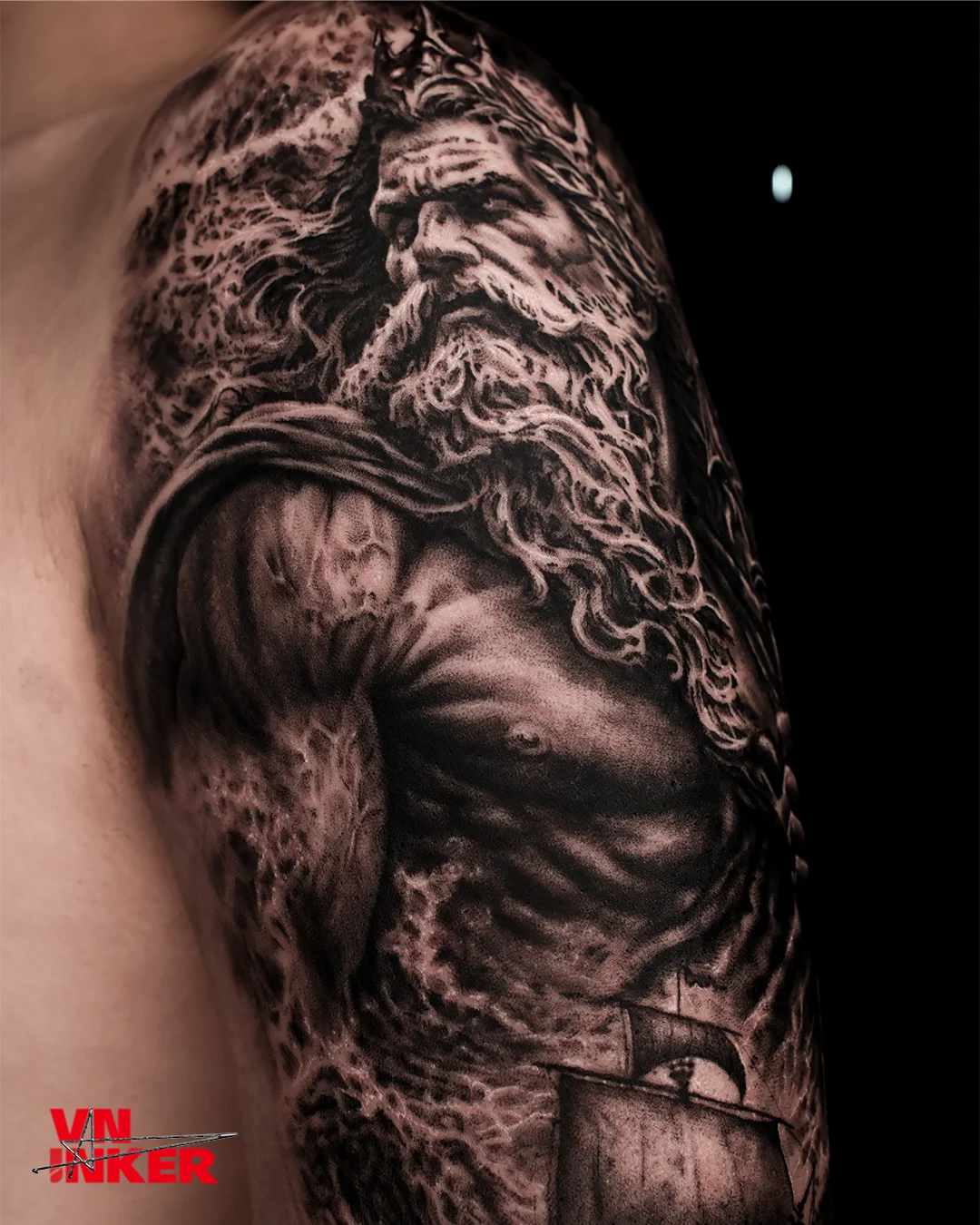 Black & Gray Realism tattoo by LongBor: old man, beard, muscular torso, ship