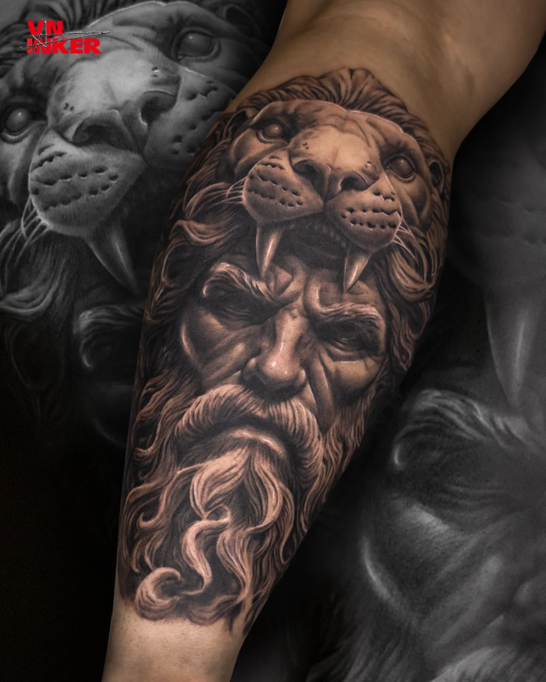 Lion Head Over Man's Face Forearm: lion, man, beard, face, animal, portrait