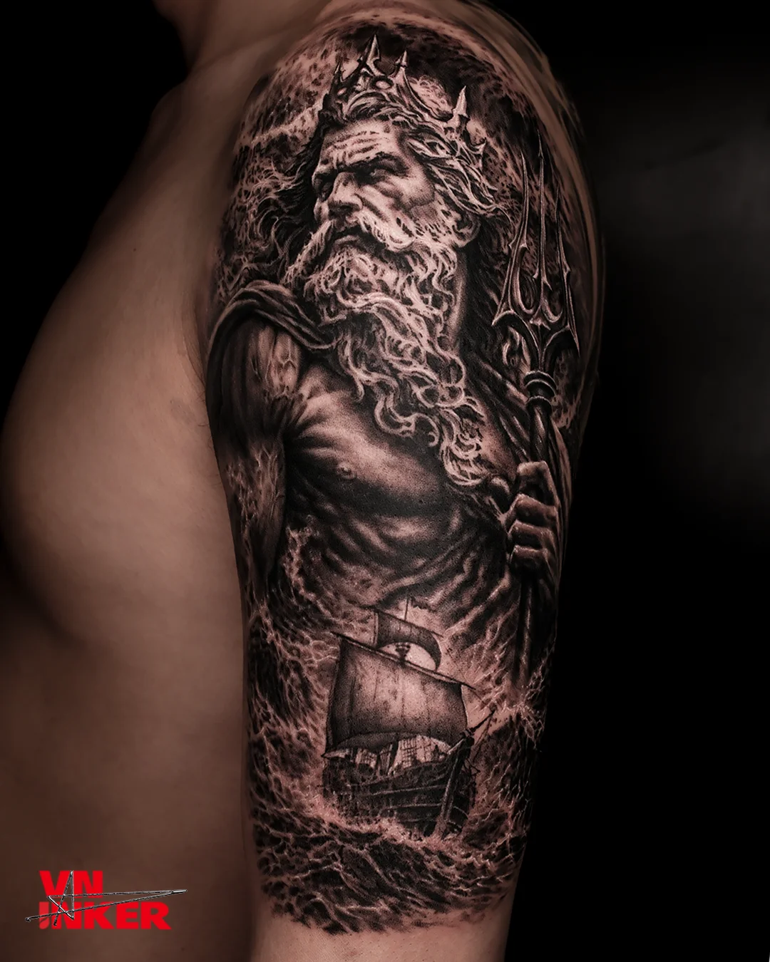 Black & Gray Realism tattoo by LongBor: poseidon, trident, crown, ship