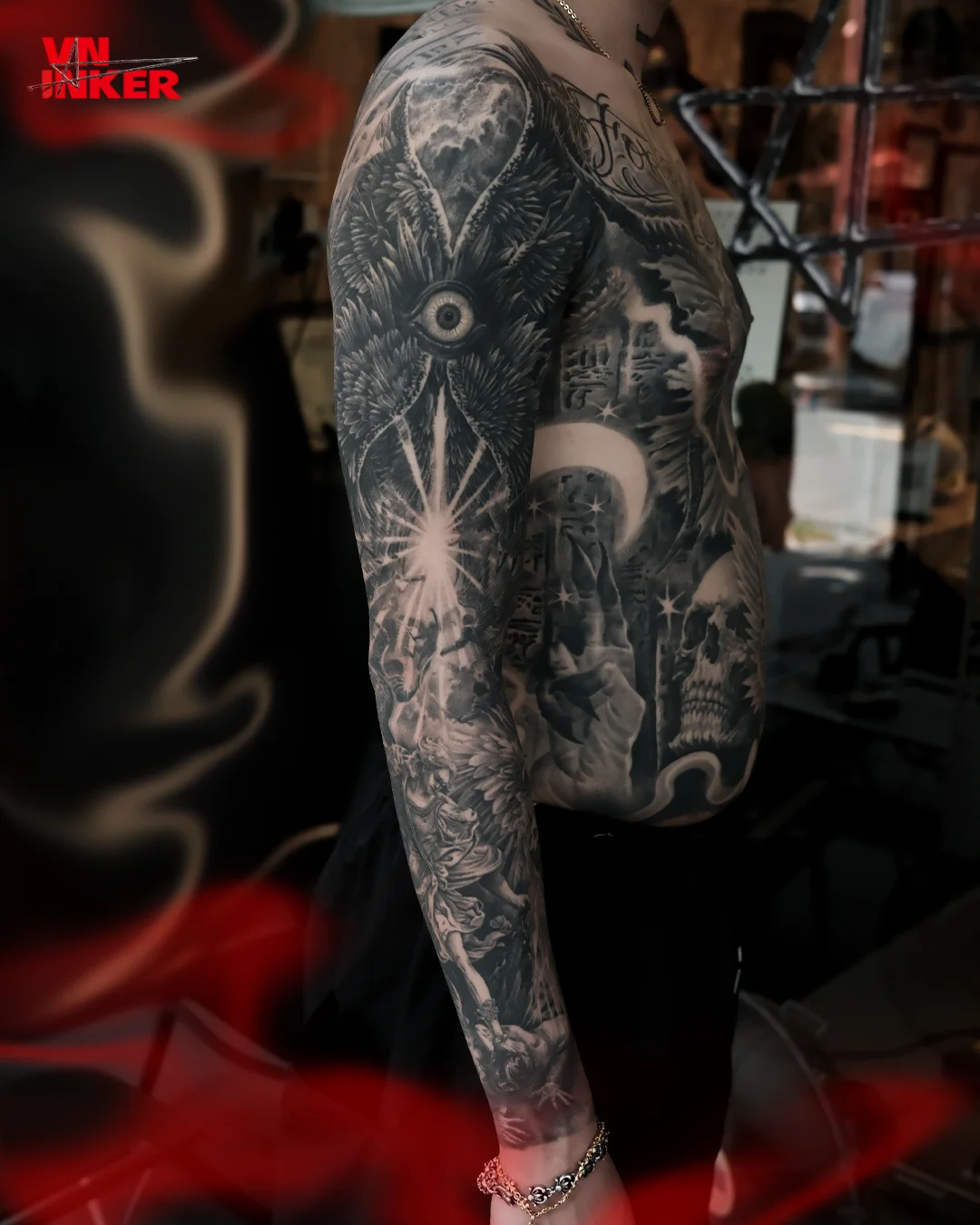 Black & Gray Realism tattoo by LongBor: eye, light burst, feathers, skull