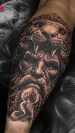 Lion Head Over Man's Face Forearm