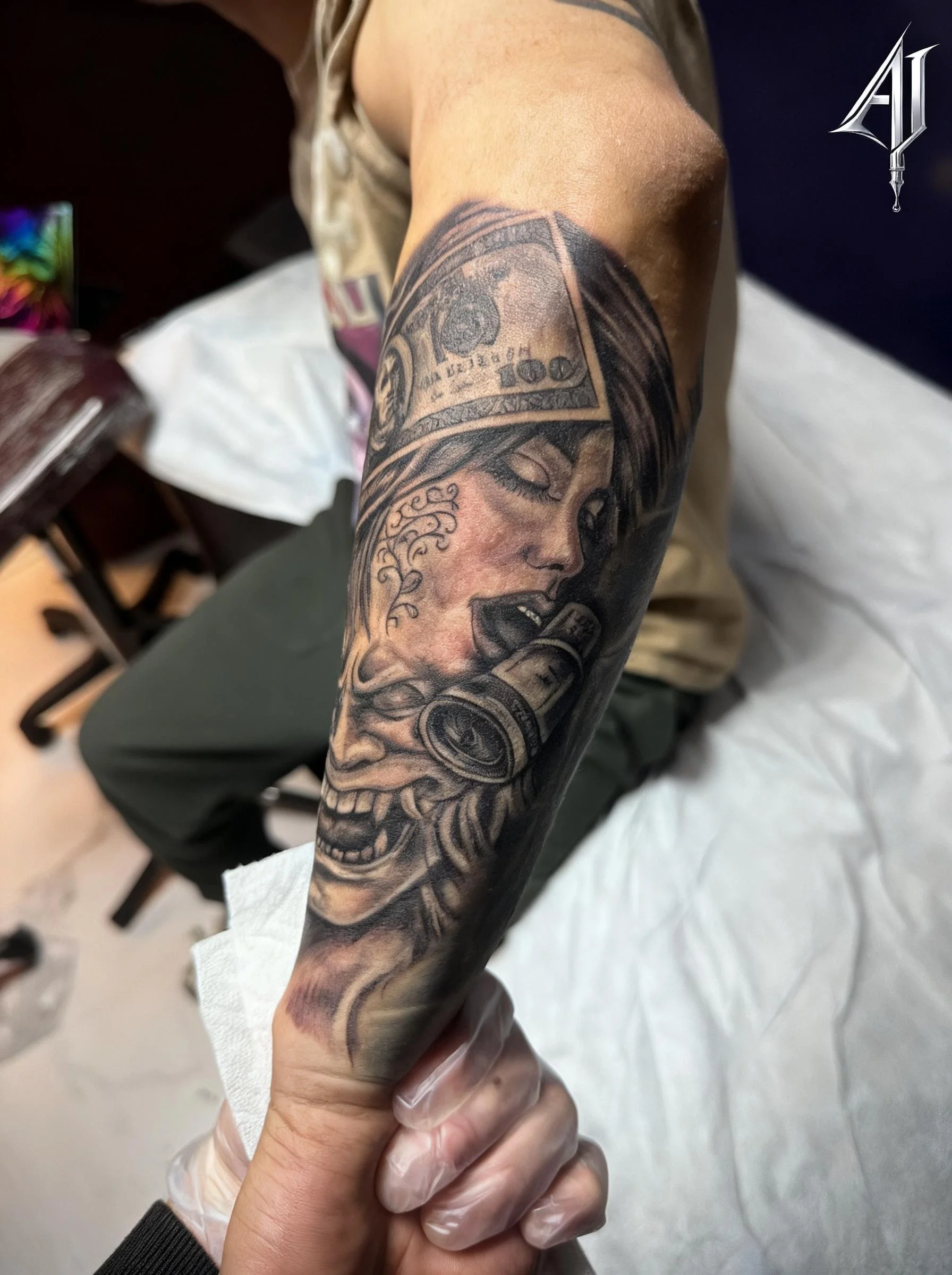 Woman Gun Skull Forearm Quarter Sleeve: woman, dollar bill, gun, skull, dark, death