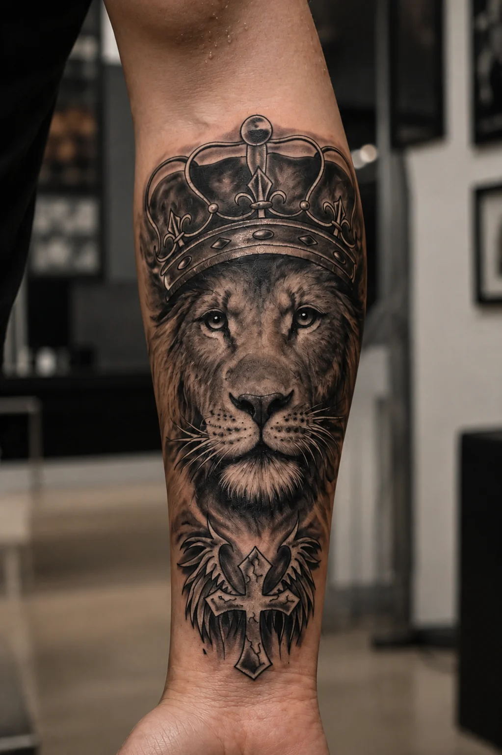 Lion With Crown And Cross Forearm: lion, crown, cross, wings, animal, religious