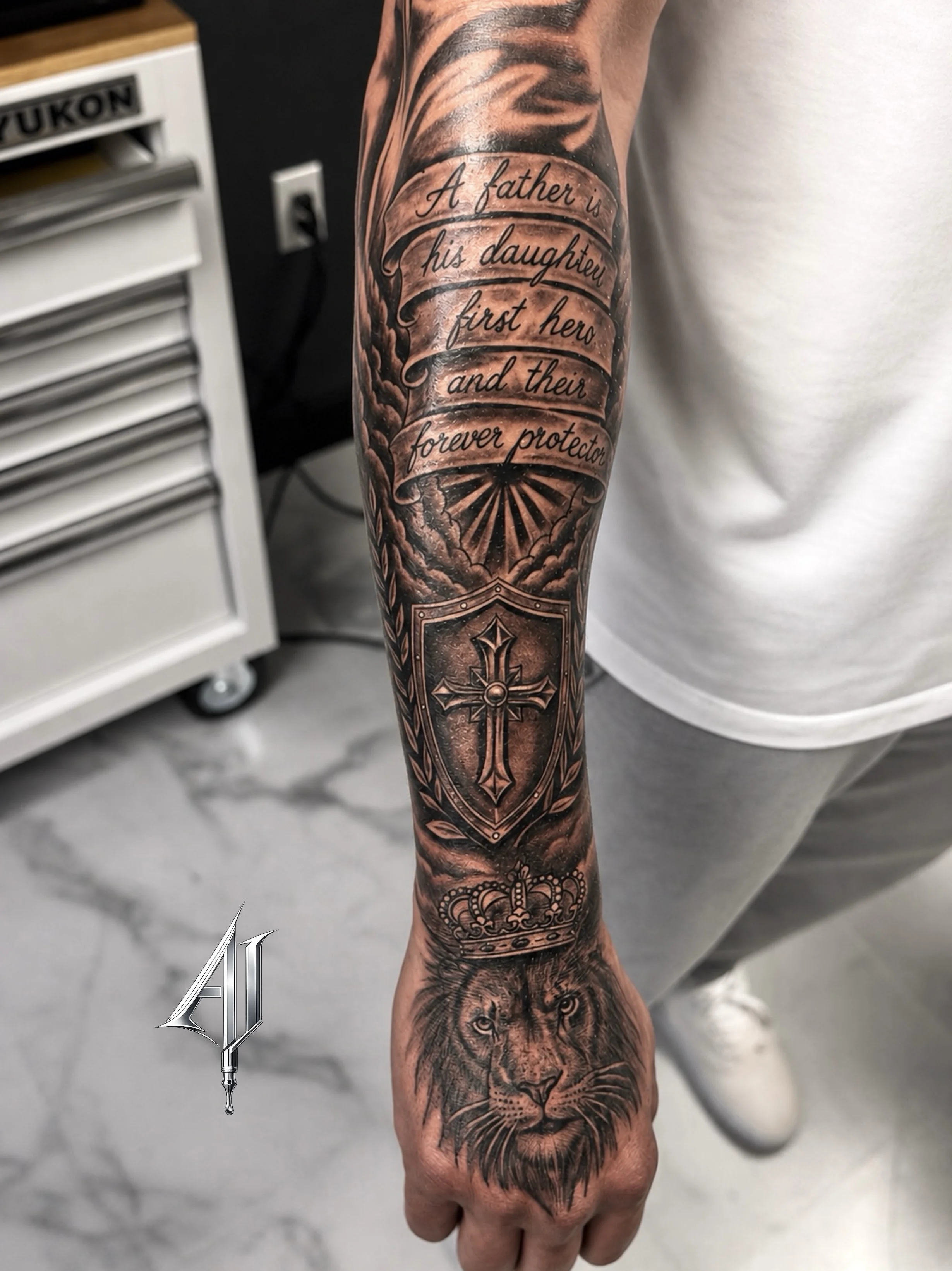 Black & Gray Realism tattoo by Andrei Ilin: lion, crown, shield, cross