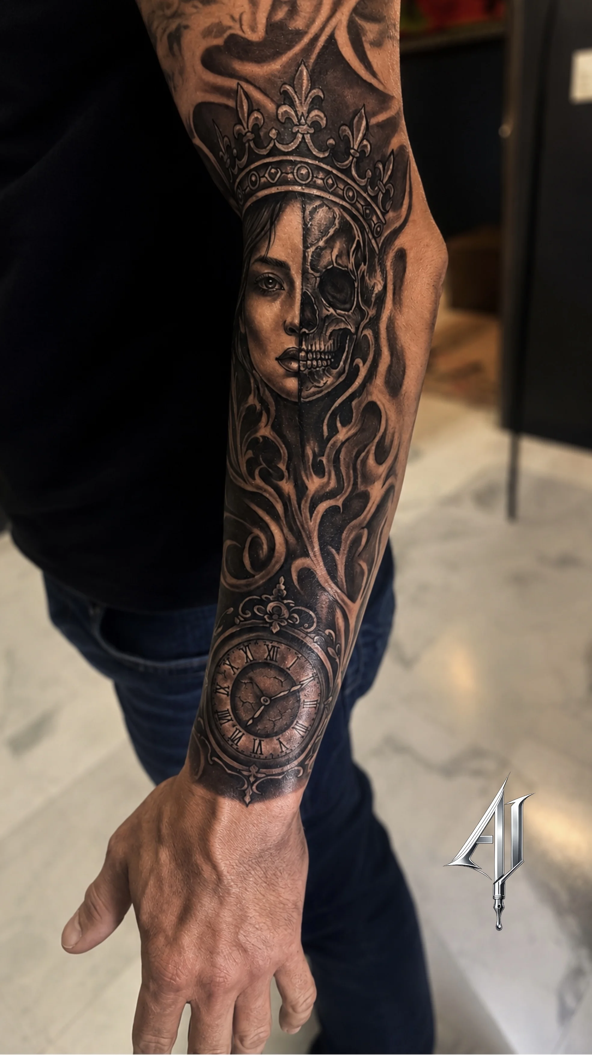 Black & Gray Realism tattoo by Andrei Ilin: woman, skull, crown, clock