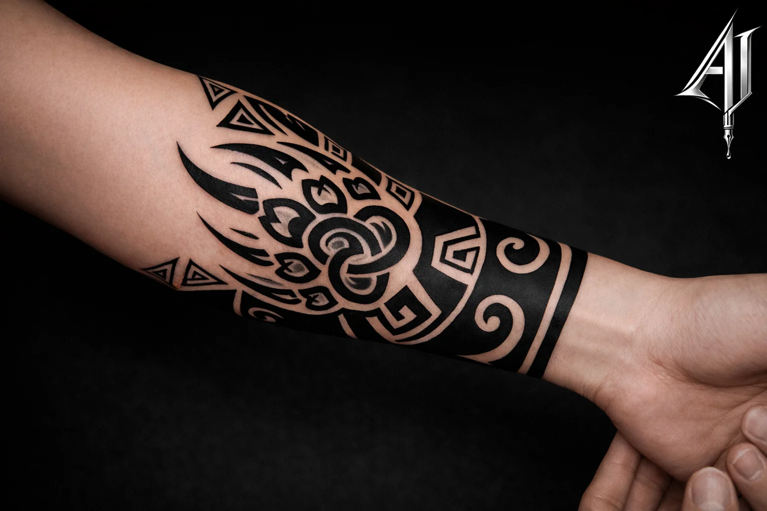 Tribal tattoo by Andrei Ilin: tribal patterns, geometric shapes, abstract flame, tribal