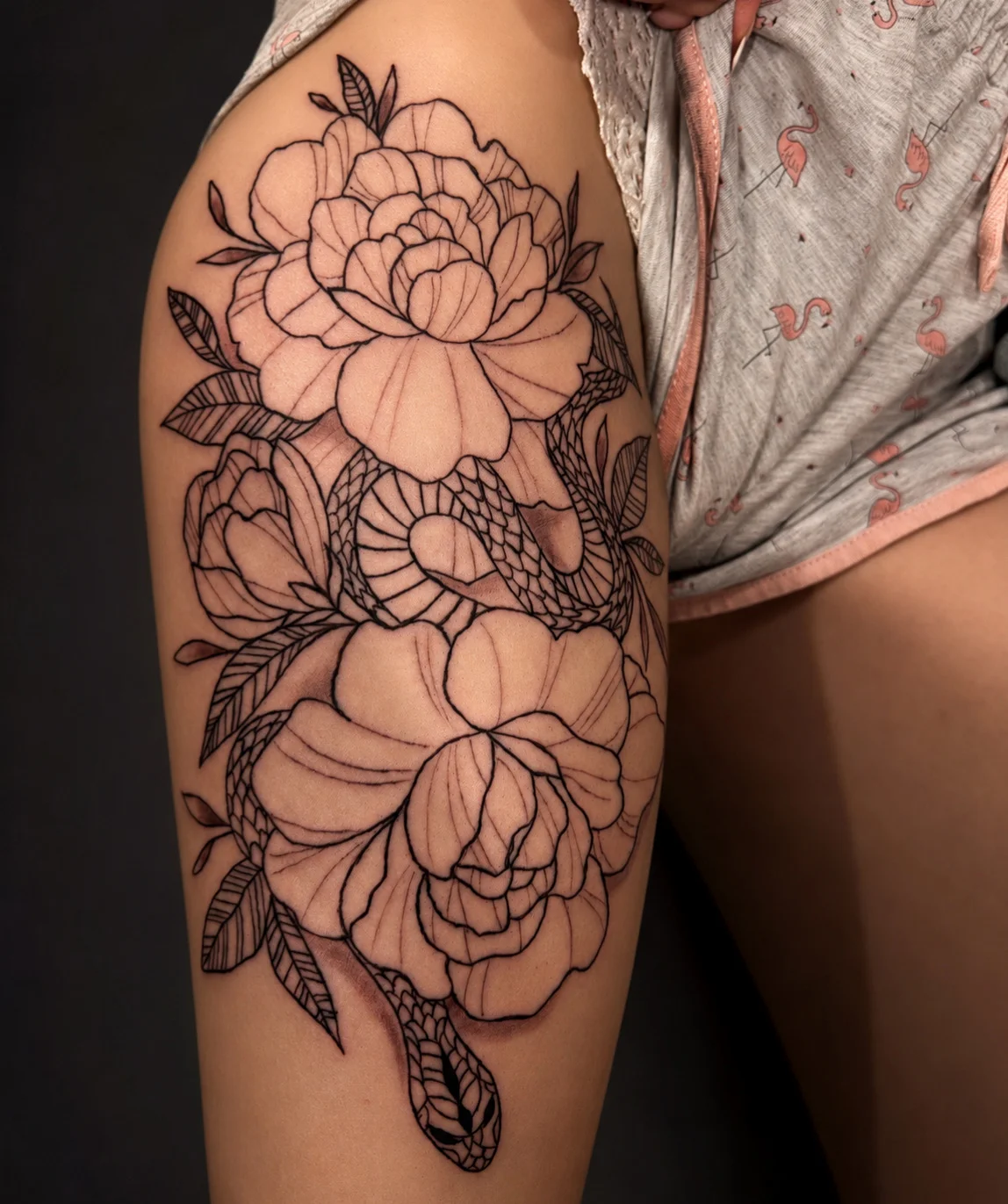 Fine Line tattoo by Andrei Ilin: rose, snake, leaf, floral