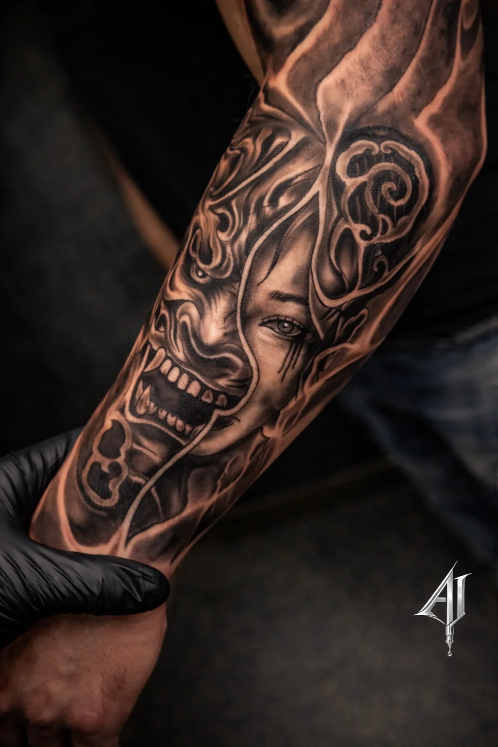 Demon Mask and Woman Face Forearm: demon mask, woman face, eye, teeth, dark, mythology
