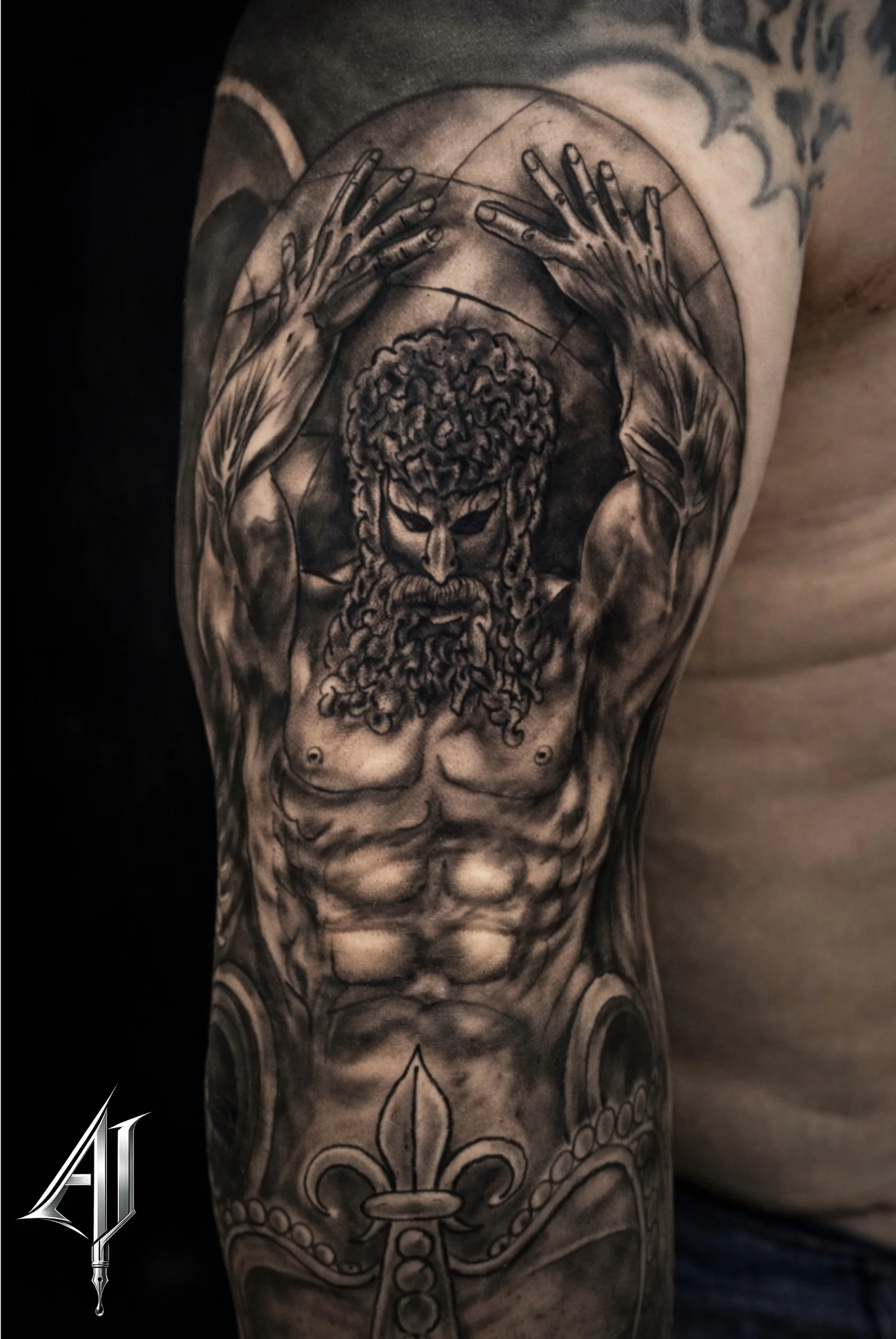 Black & Gray Realism tattoo by Andrei Ilin: atlas, globe, muscular man, beard