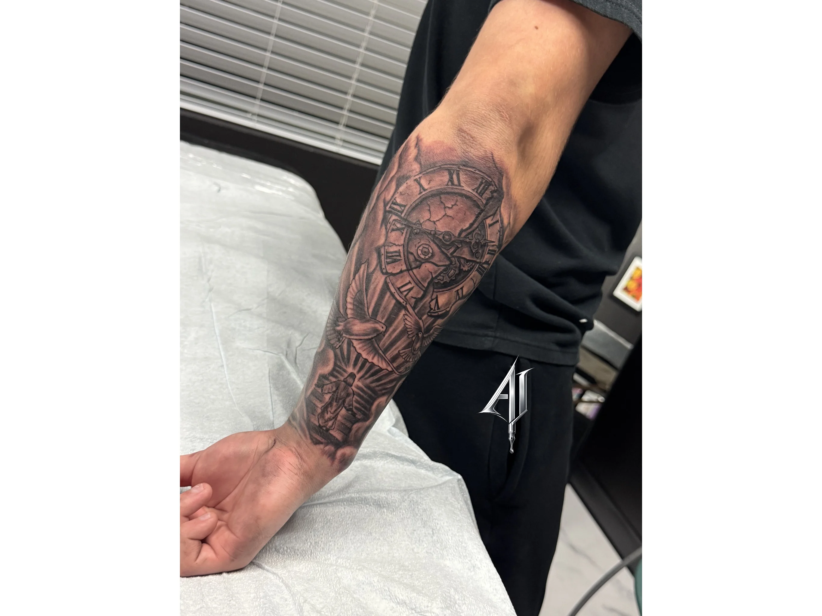 Realistic Clock and Rose Forearm: clock, hand, rose, petals, time, nature