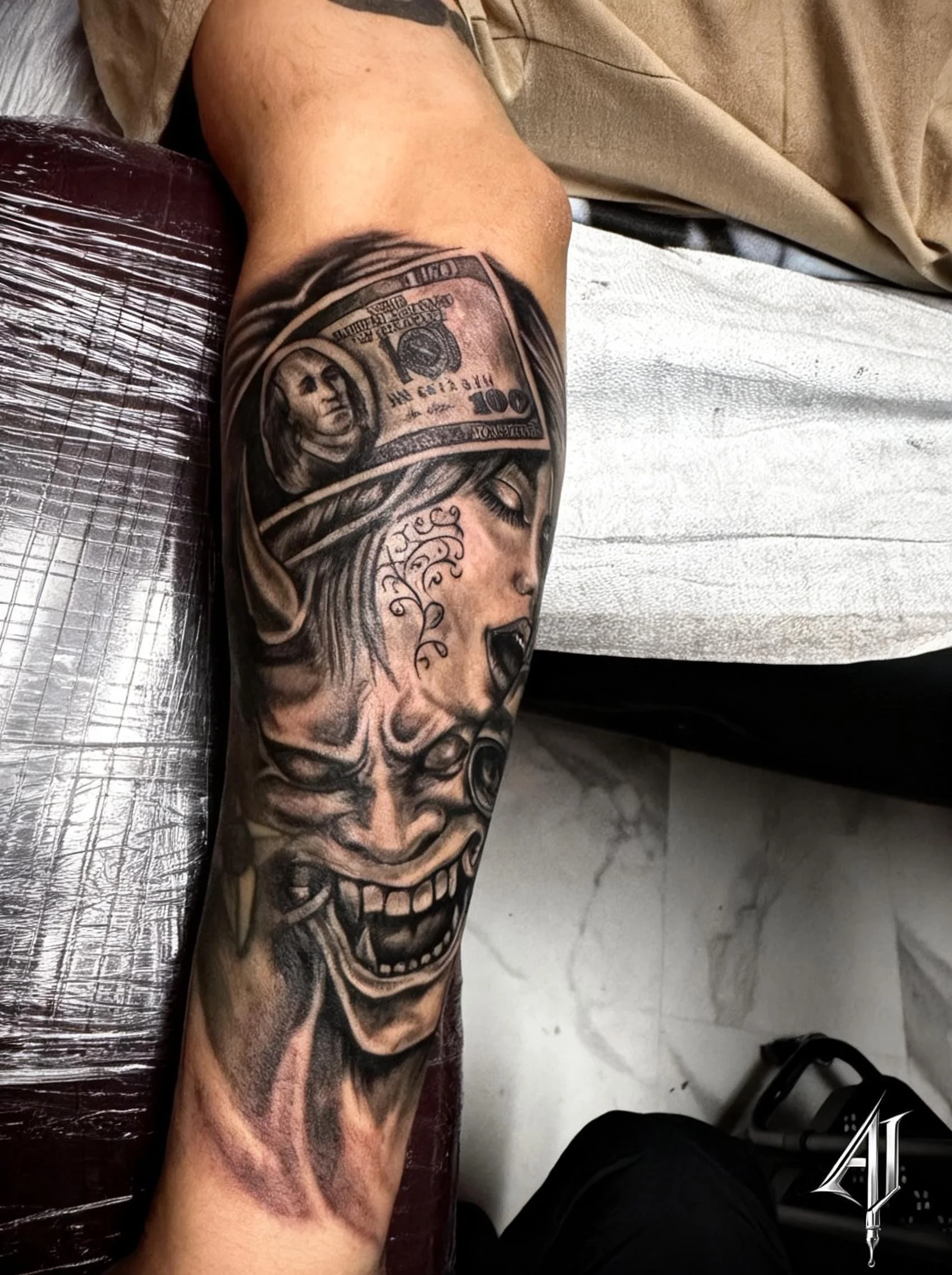 Realistic Clown and Money Full Leg Sleeve: hundred dollar bill, woman face, clown face, money, dark, realism