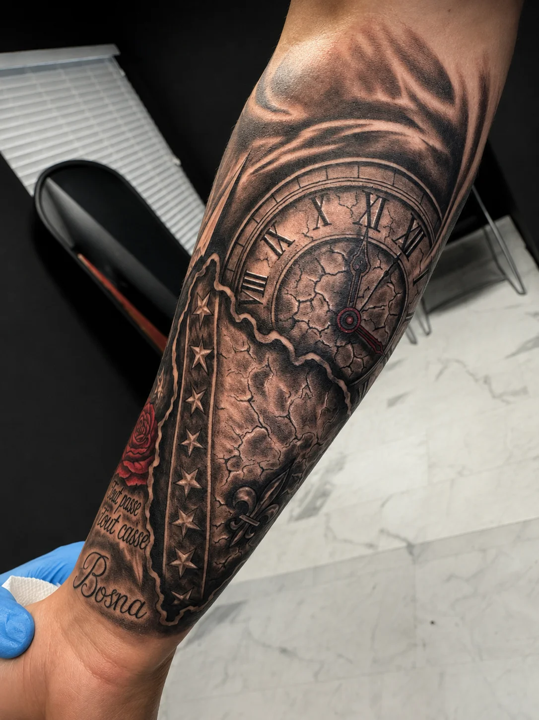 Realistic Clock and Rose Forearm: clock, rose, stars, fleur-de-lis, memorial, nature