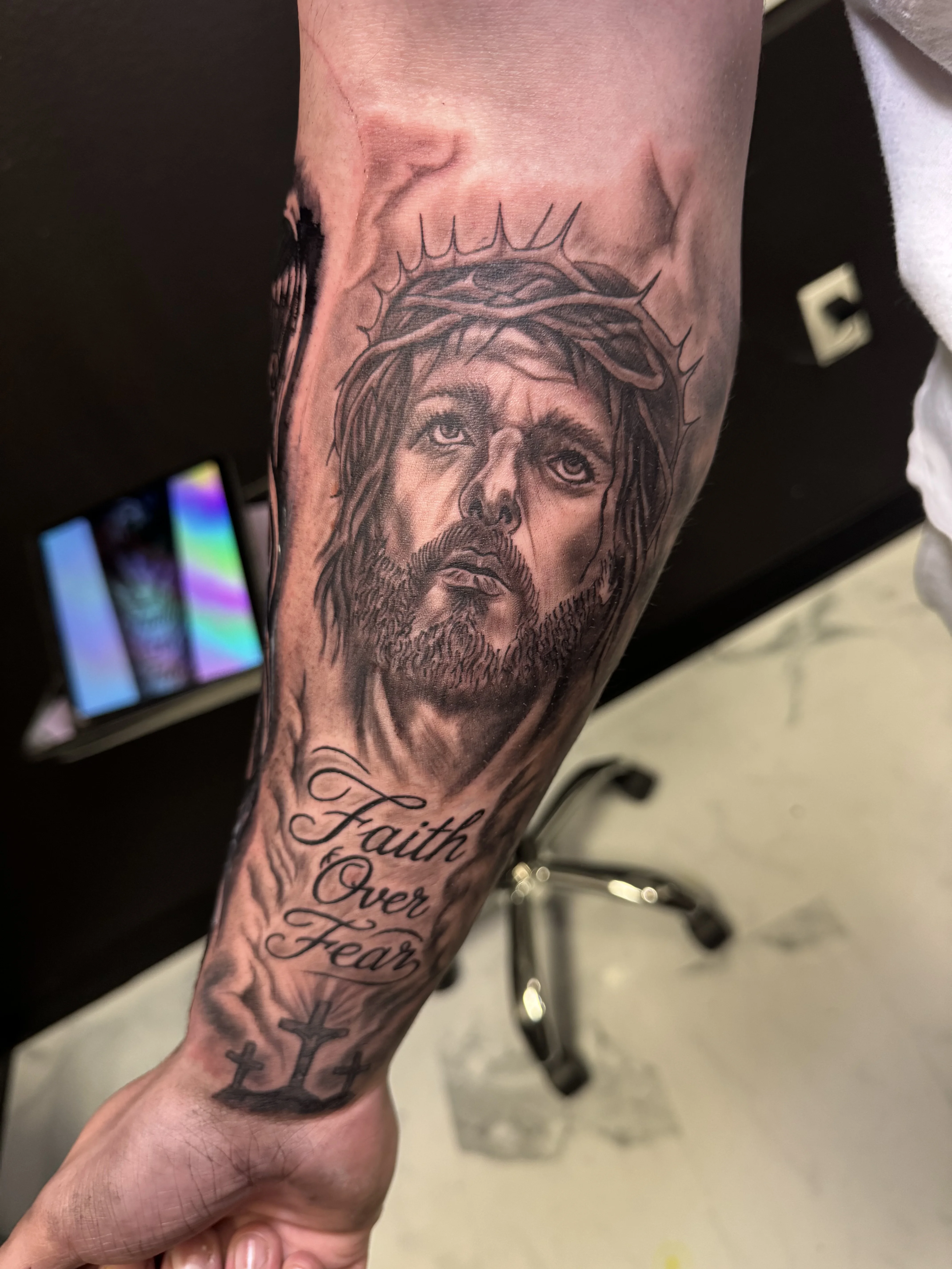 Jesus Portrait Forearm Faith: jesus, crown of thorns, beard, cross, religious, spiritual