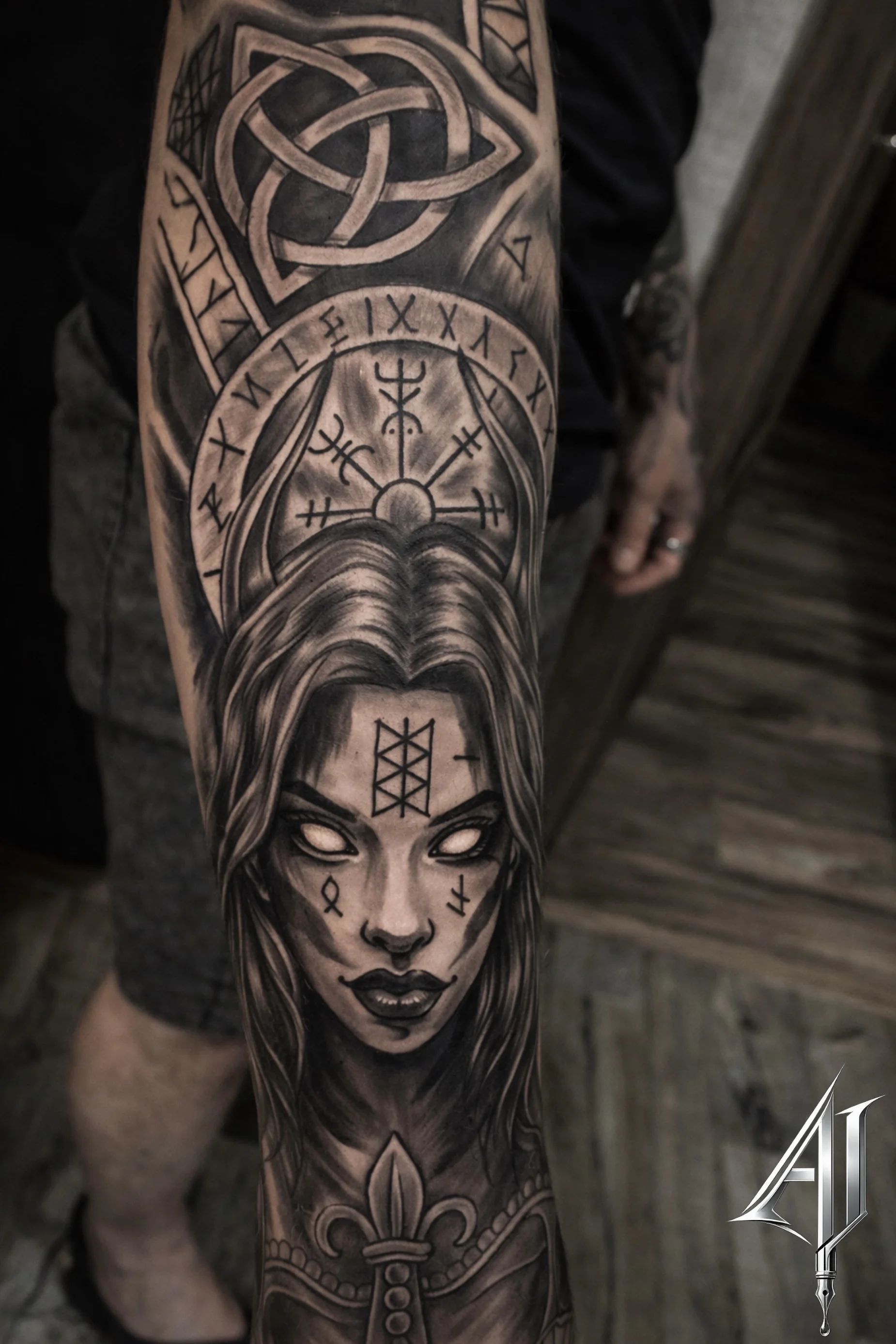 Mythological Woman Runic Quarter Sleeve: woman, runic symbols, knotwork, fleur-de-lis, mythology, spiritual