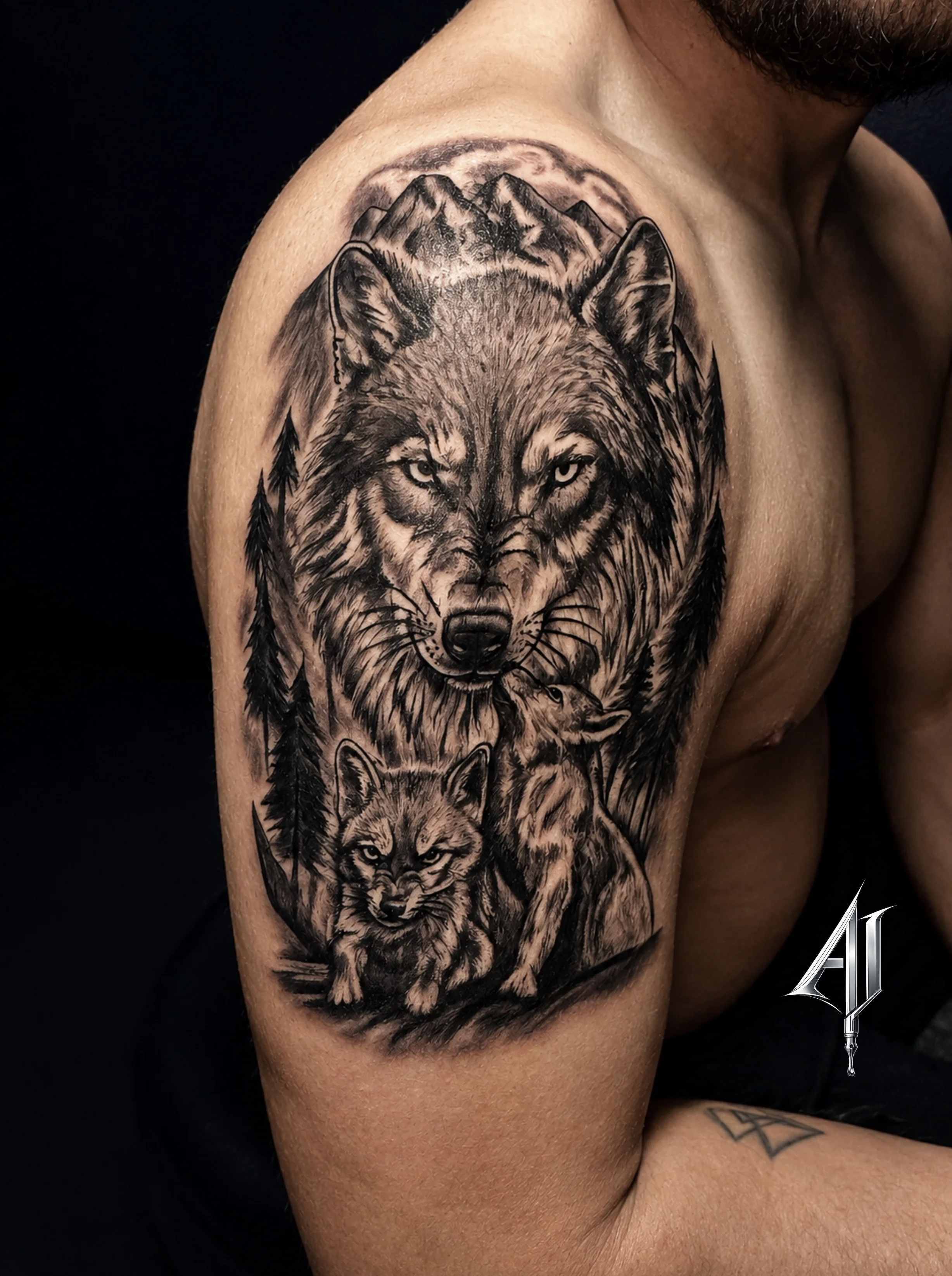 Wolf Family Upper Arm Realism: wolf, wolf pup, wolf cub, mountains, pine trees, animal