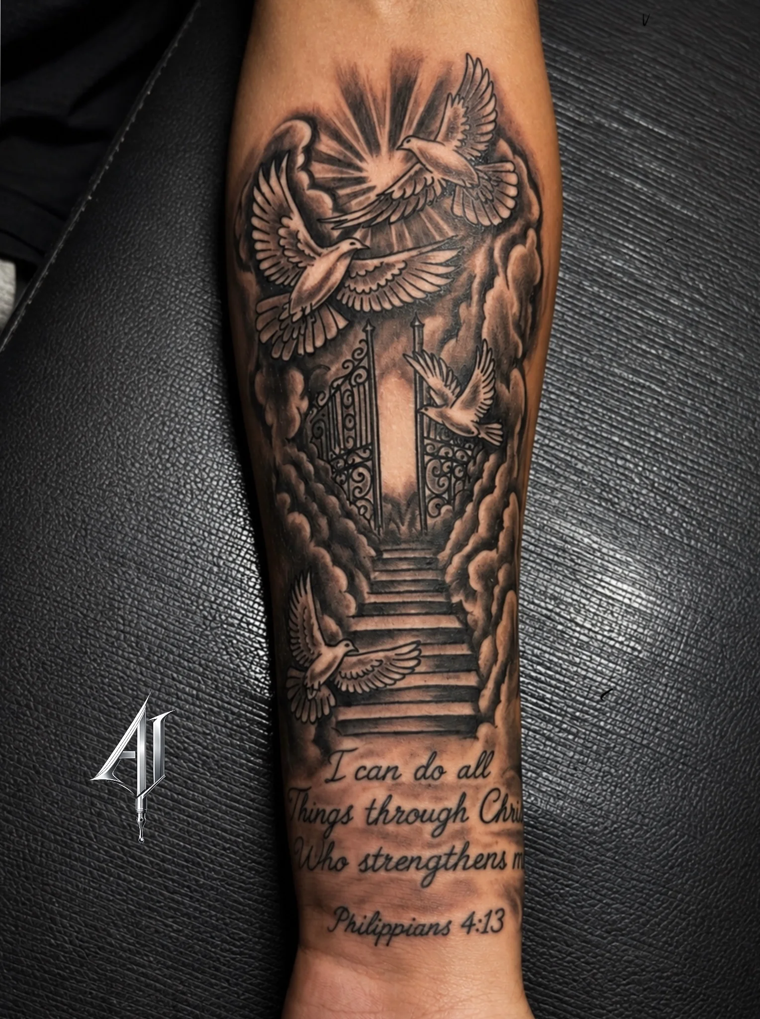 Black & Gray Realism tattoo by Andrei Ilin: dove, gates, stairs, clouds
