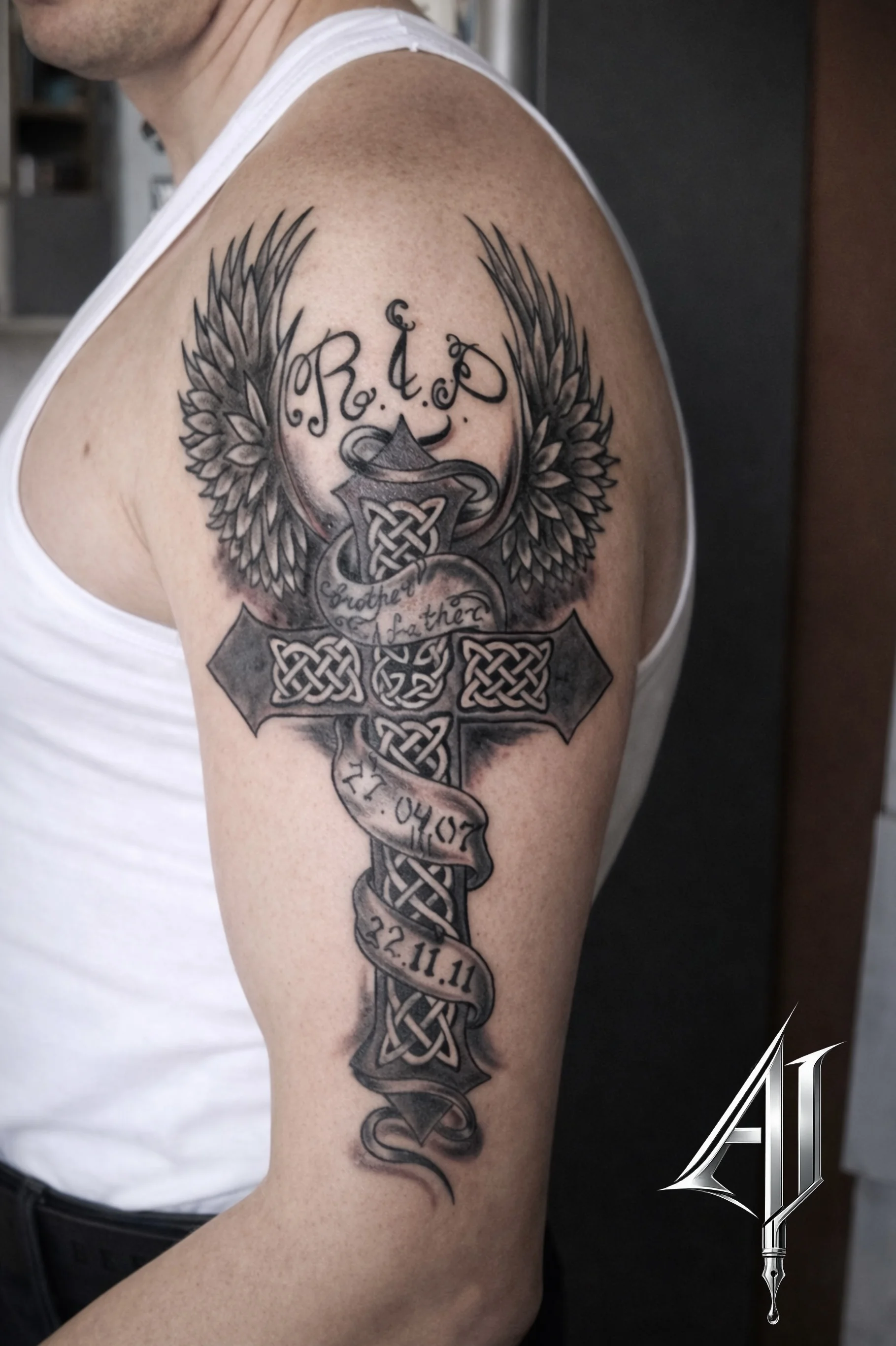 Black & Gray Realism tattoo by Andrei Ilin: cross, wings, ribbon, text