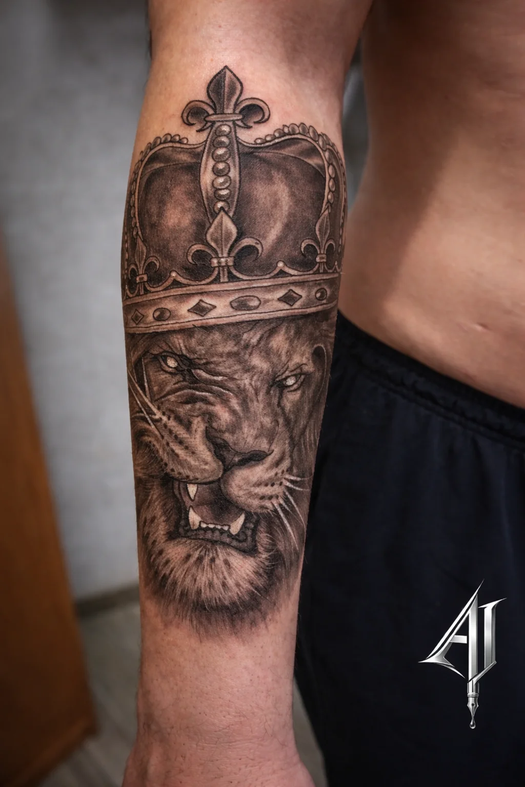 Lion Wearing Crown Forearm: lion, crown, animal, nature, strength, royalty
