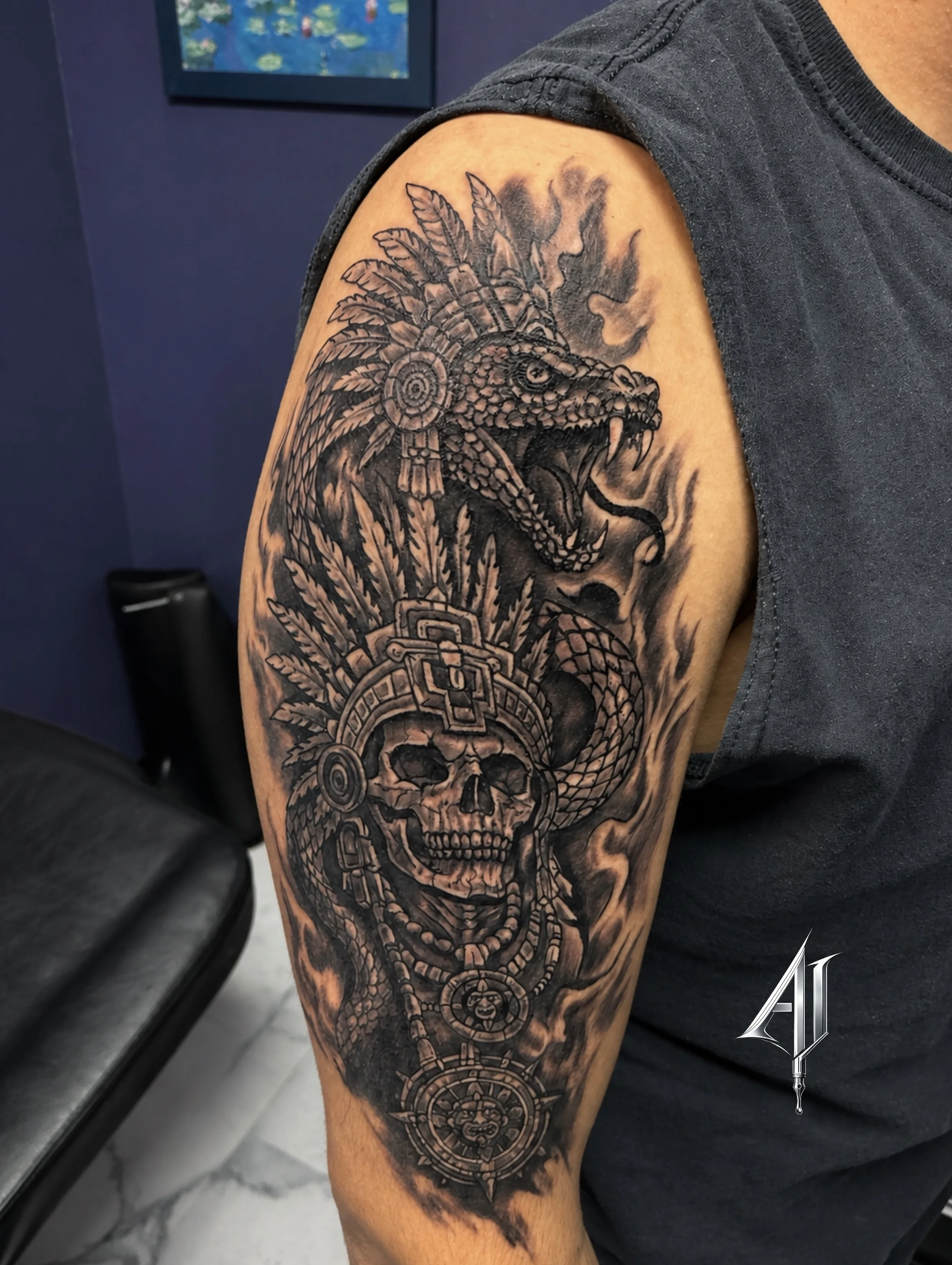 Black & Gray Realism tattoo by Andrei Ilin: skull, snake, feathers, headdress