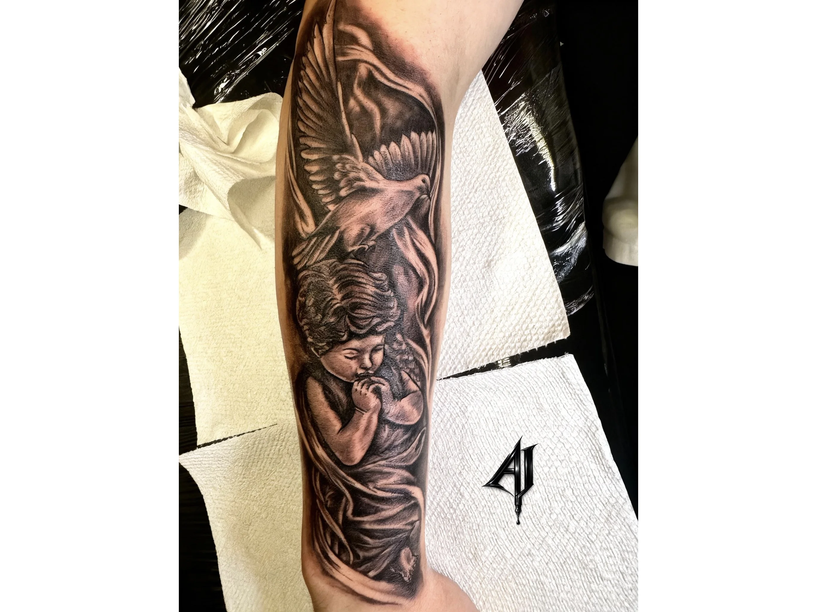Black & Gray Realism tattoo by Andrei Ilin: angel, child, dove, spiritual