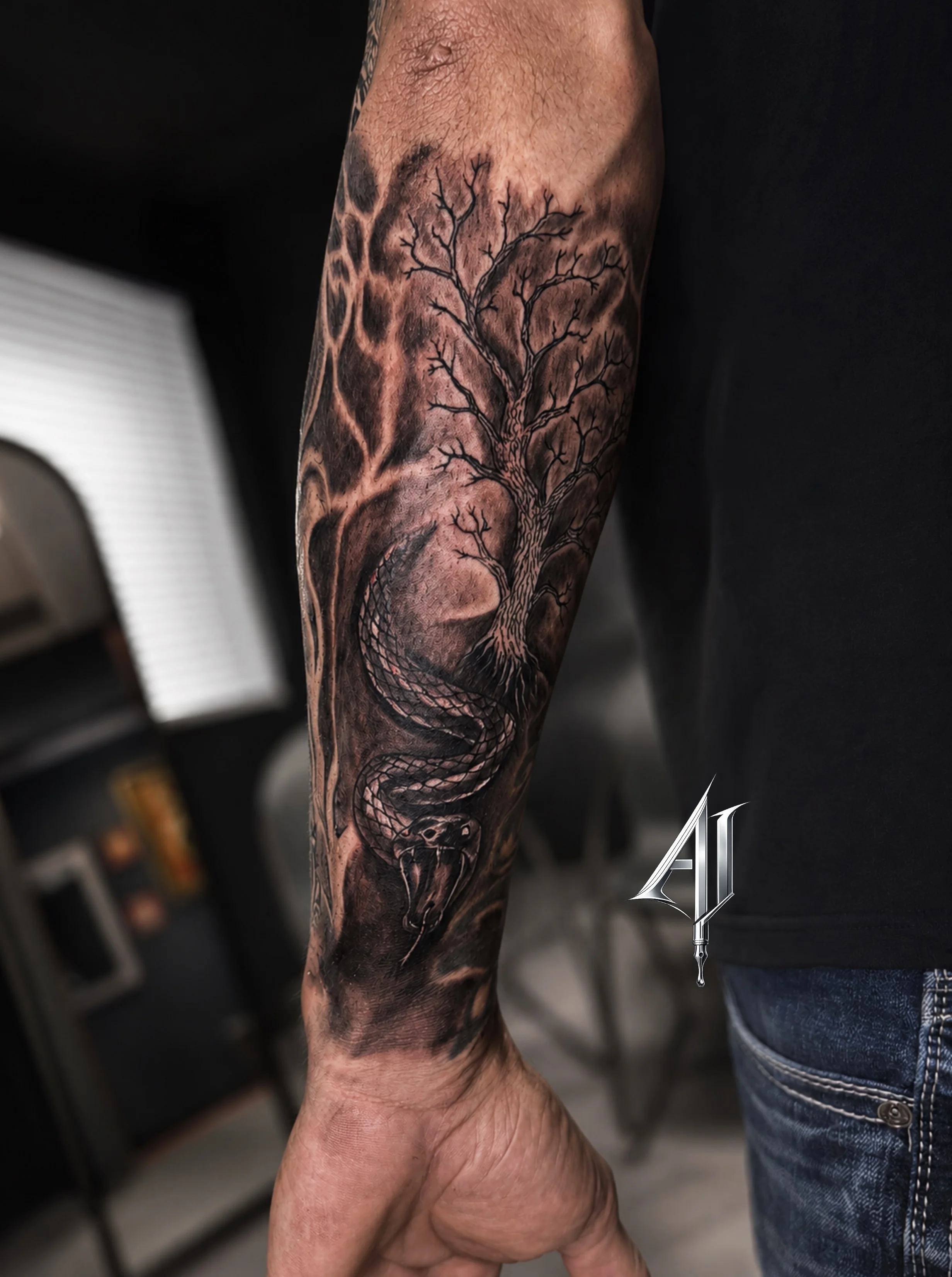 Black & Gray Realism tattoo by Andrei Ilin: snake, tree, branches, nature