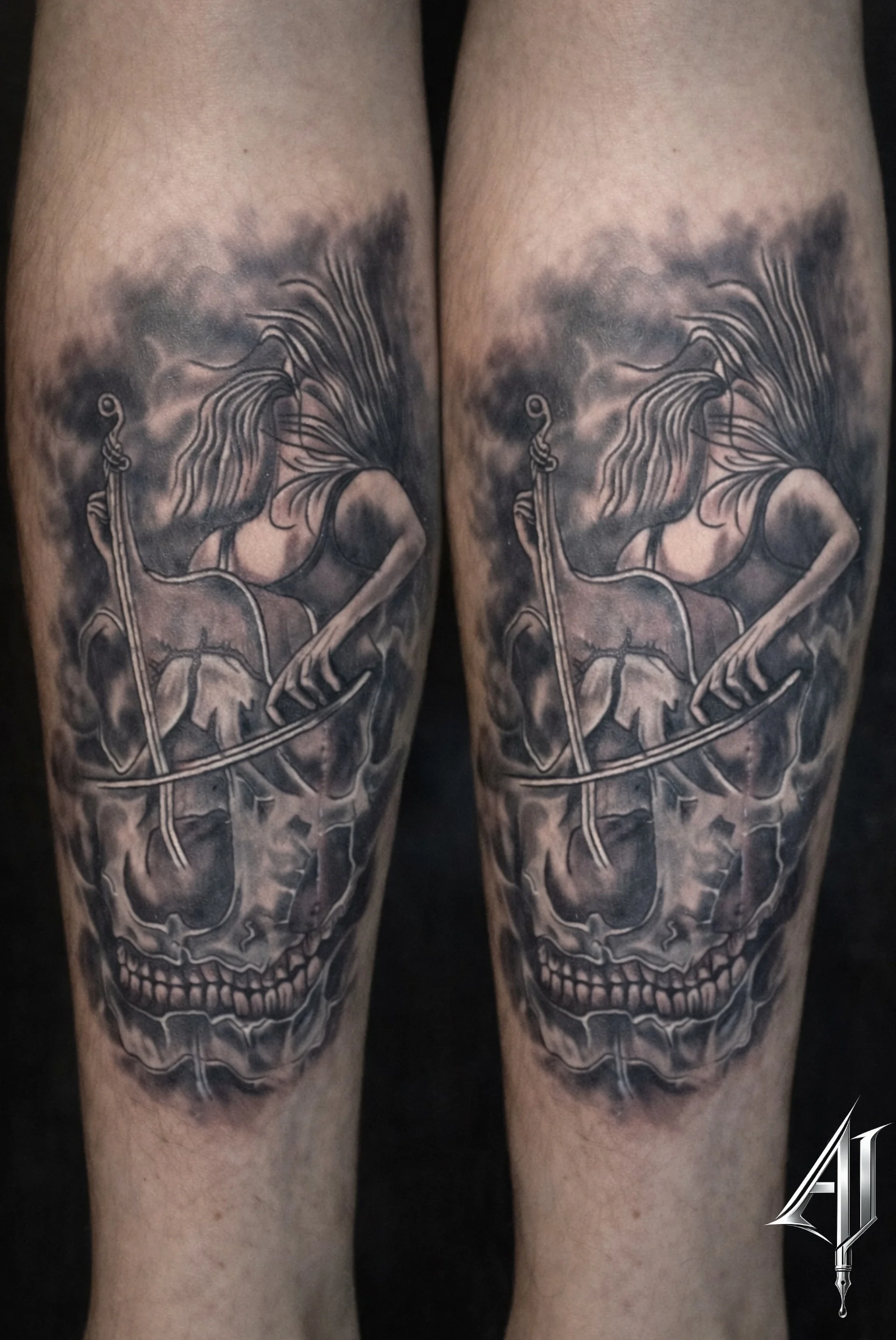 Black & Gray Realism tattoo by Andrei Ilin: woman, violin, skull, bow