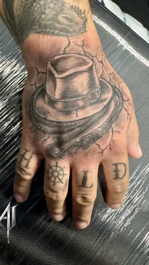 Fedora Hat and Rope Hand Tattoo