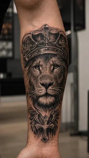 Lion With Crown And Cross Forearm