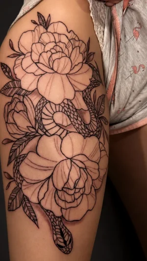Fine Line Rose and Snake Thigh Piece