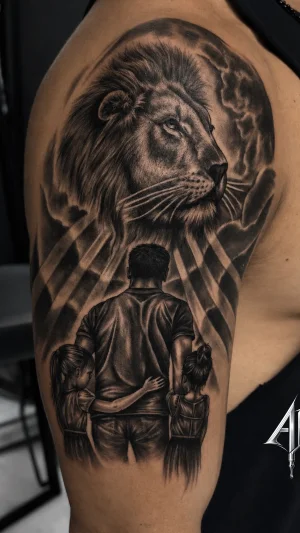 Lion and Family Black & Gray Half Sleeve