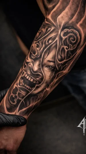 Demon Mask and Female Face Forearm