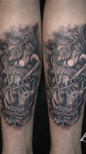 Woman Playing Violin Over Skull