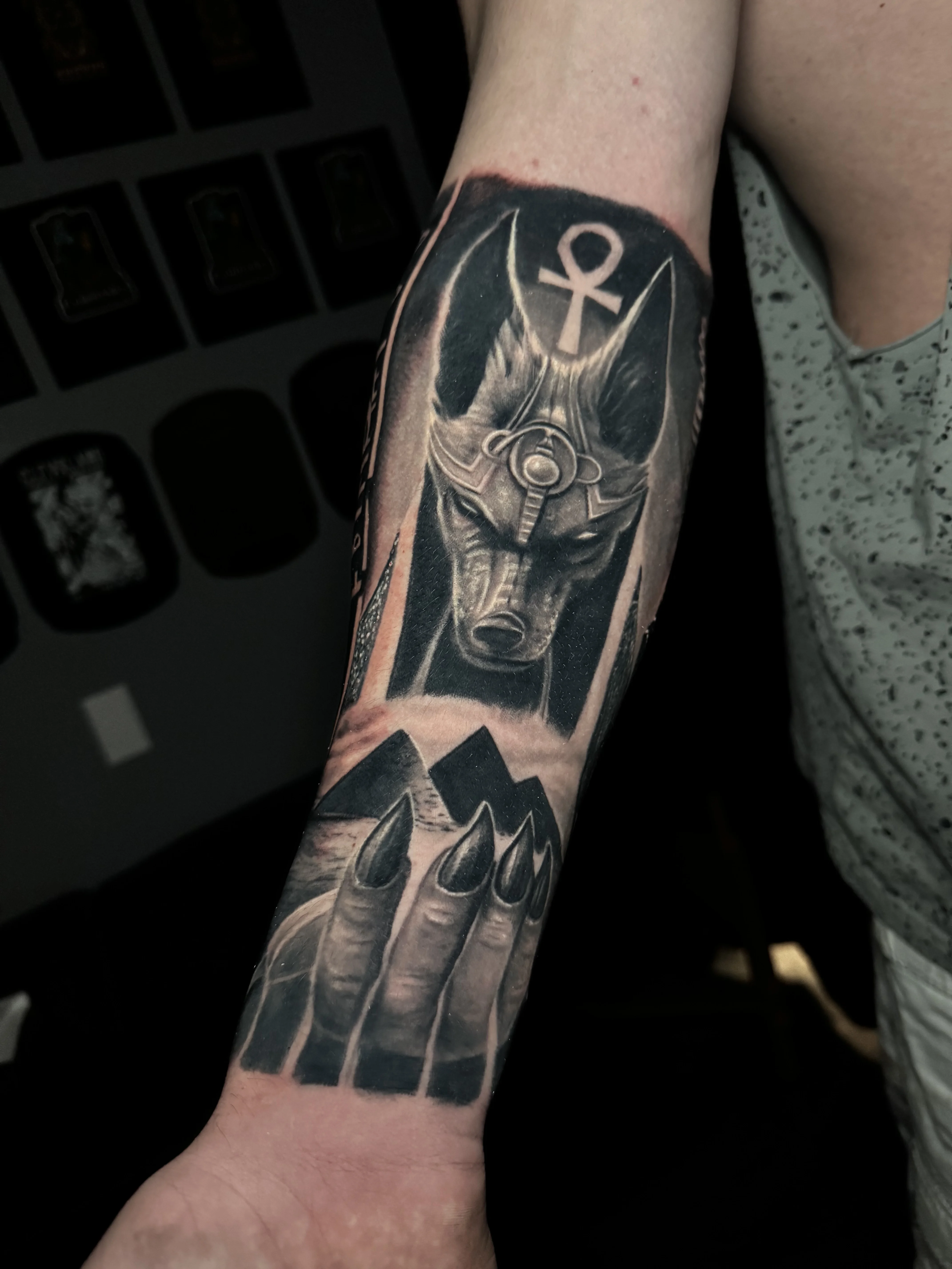 Egyptian Jackal Head Forearm: jackal head, ankh, eye of horus, pyramids, long fingernails, mythology