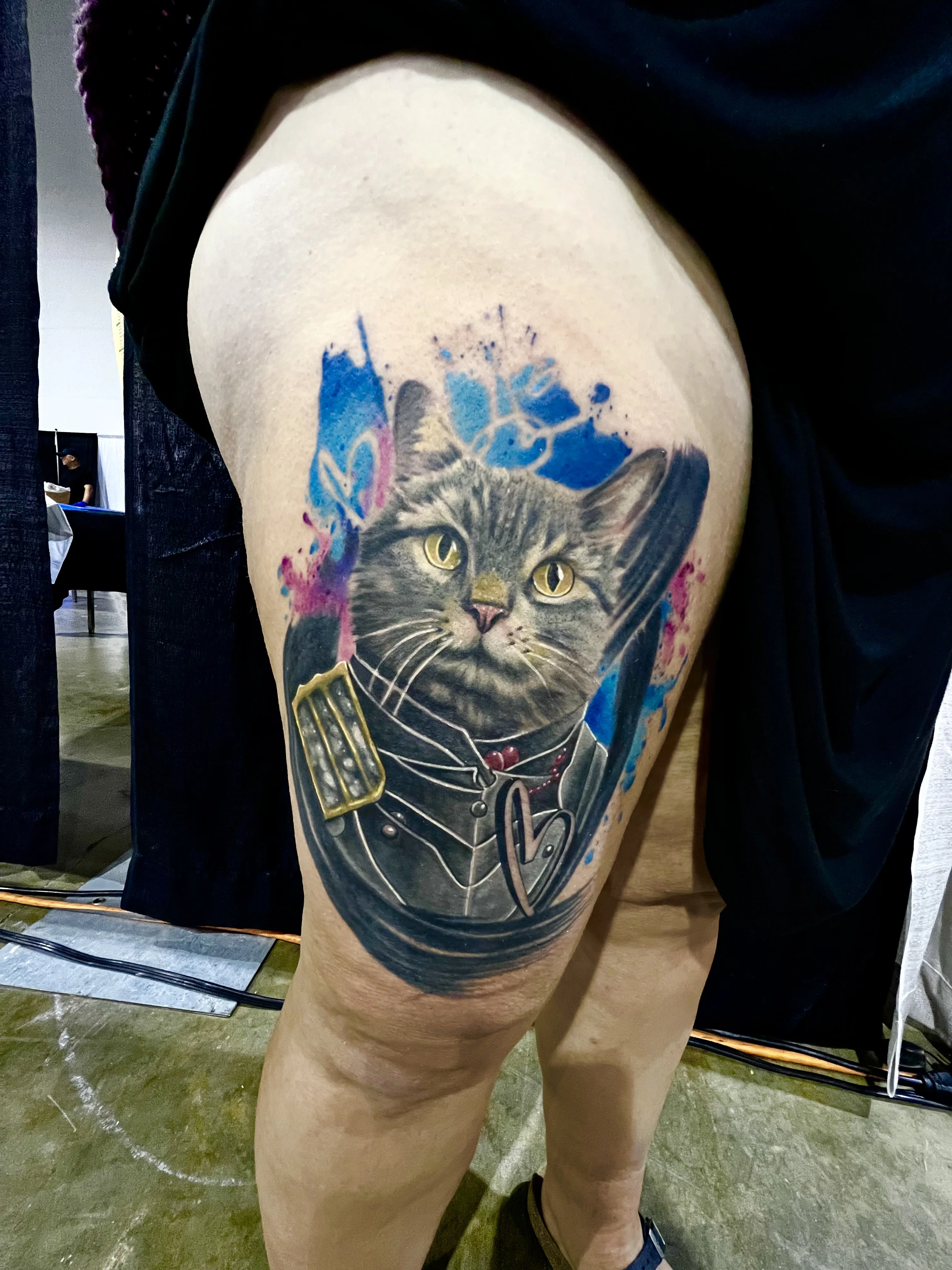 Color Realism tattoo by Joshua Gallant: cat, armor, heart-shaped pendant, animal
