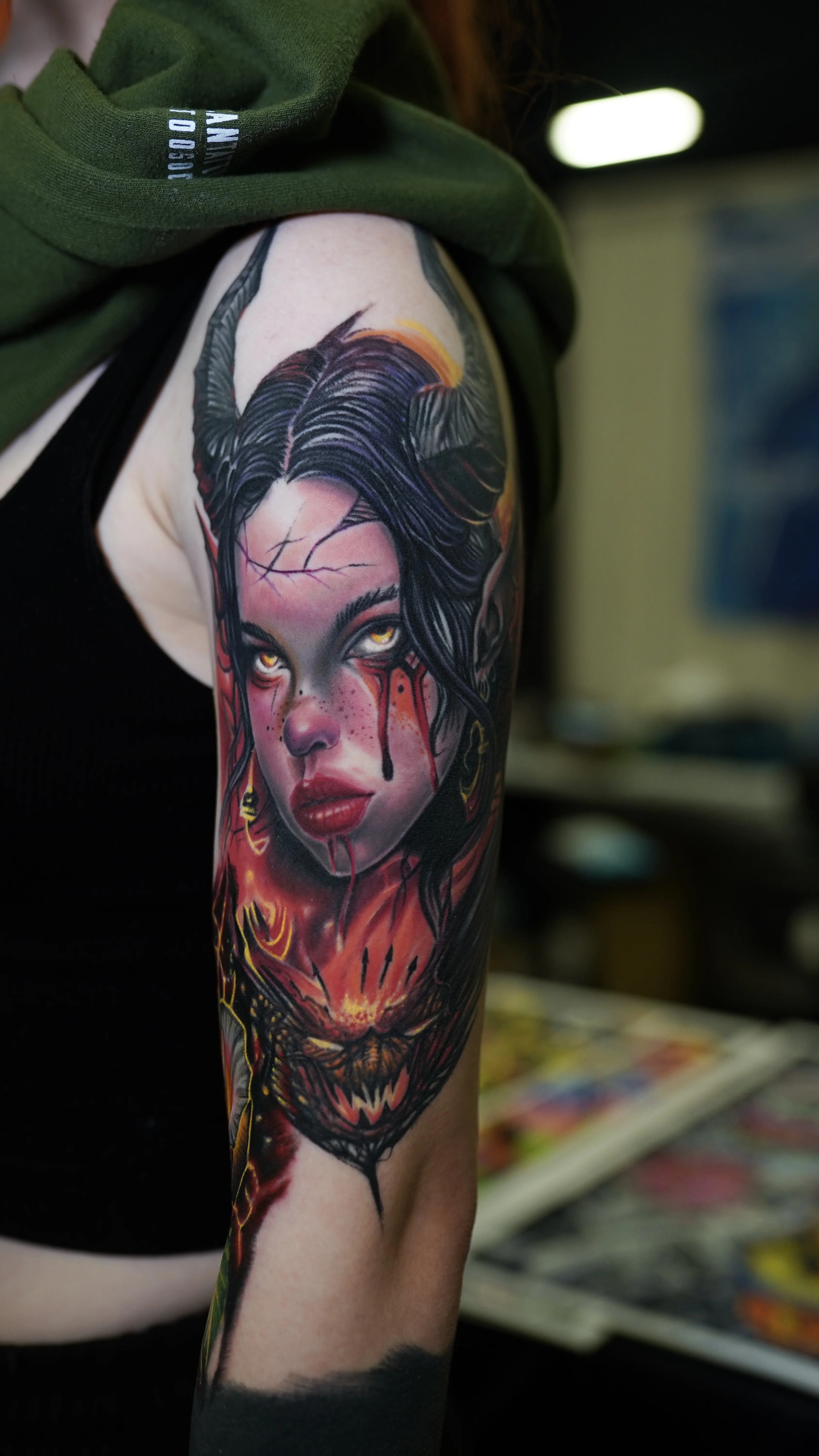 Demonic Woman Color Realism Half Sleeve: woman, horns, face, eyes, blood stains, demon mouth