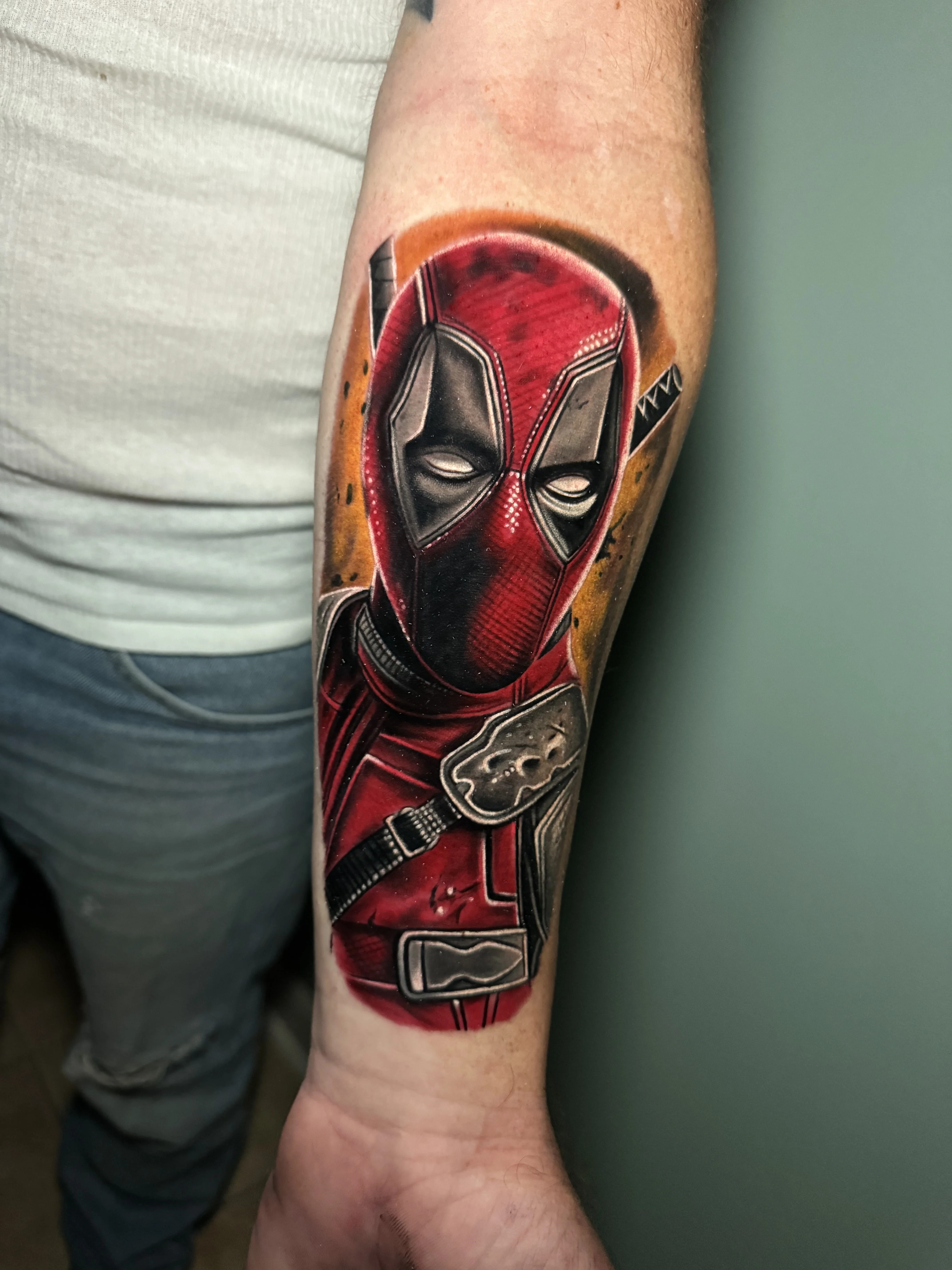 Deadpool Color Realism Forearm: deadpool, mask, katana, straps, comic book, superhero