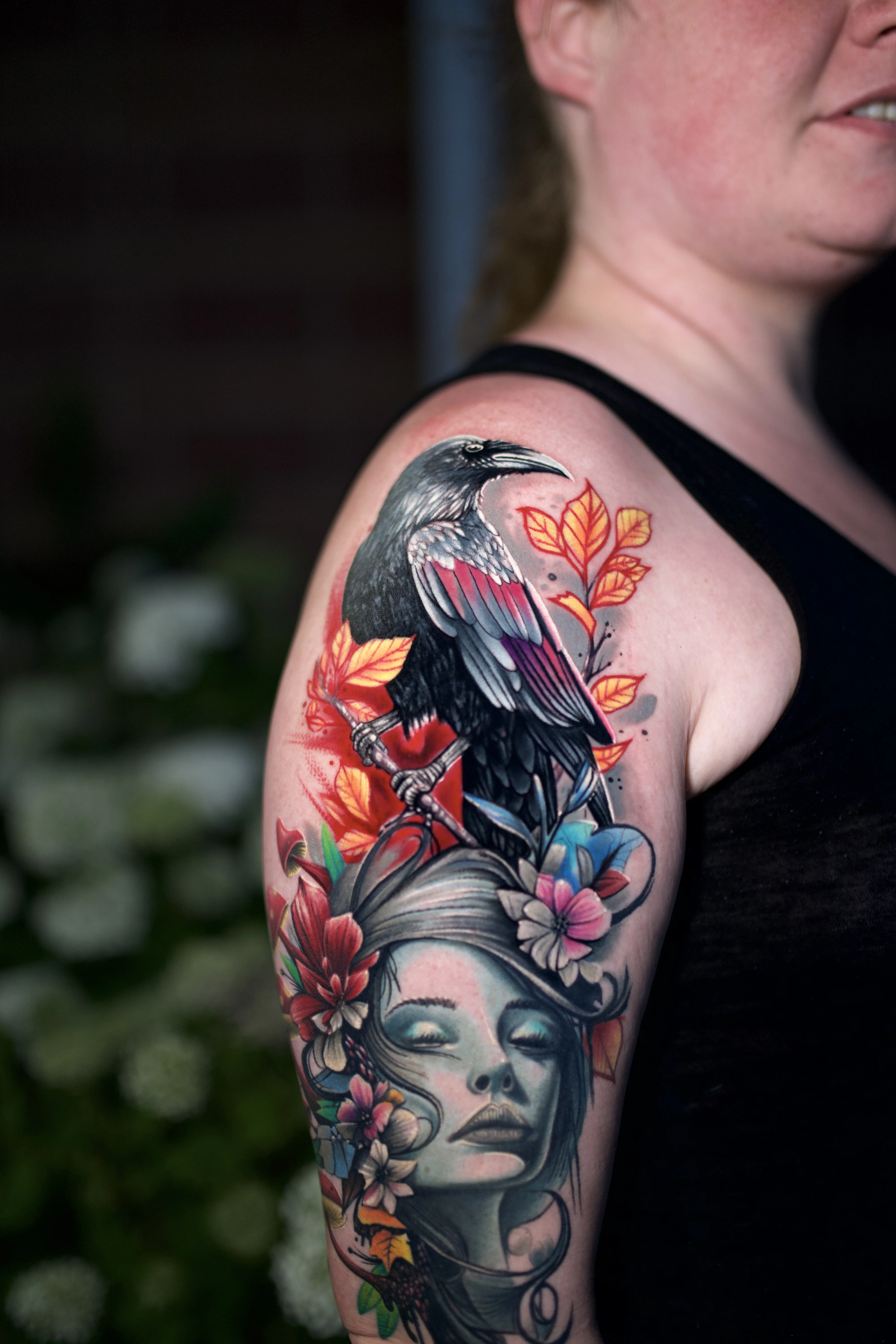 Crow and Woman Floral Half Sleeve: crow, woman, flowers, leaves, branch, nature