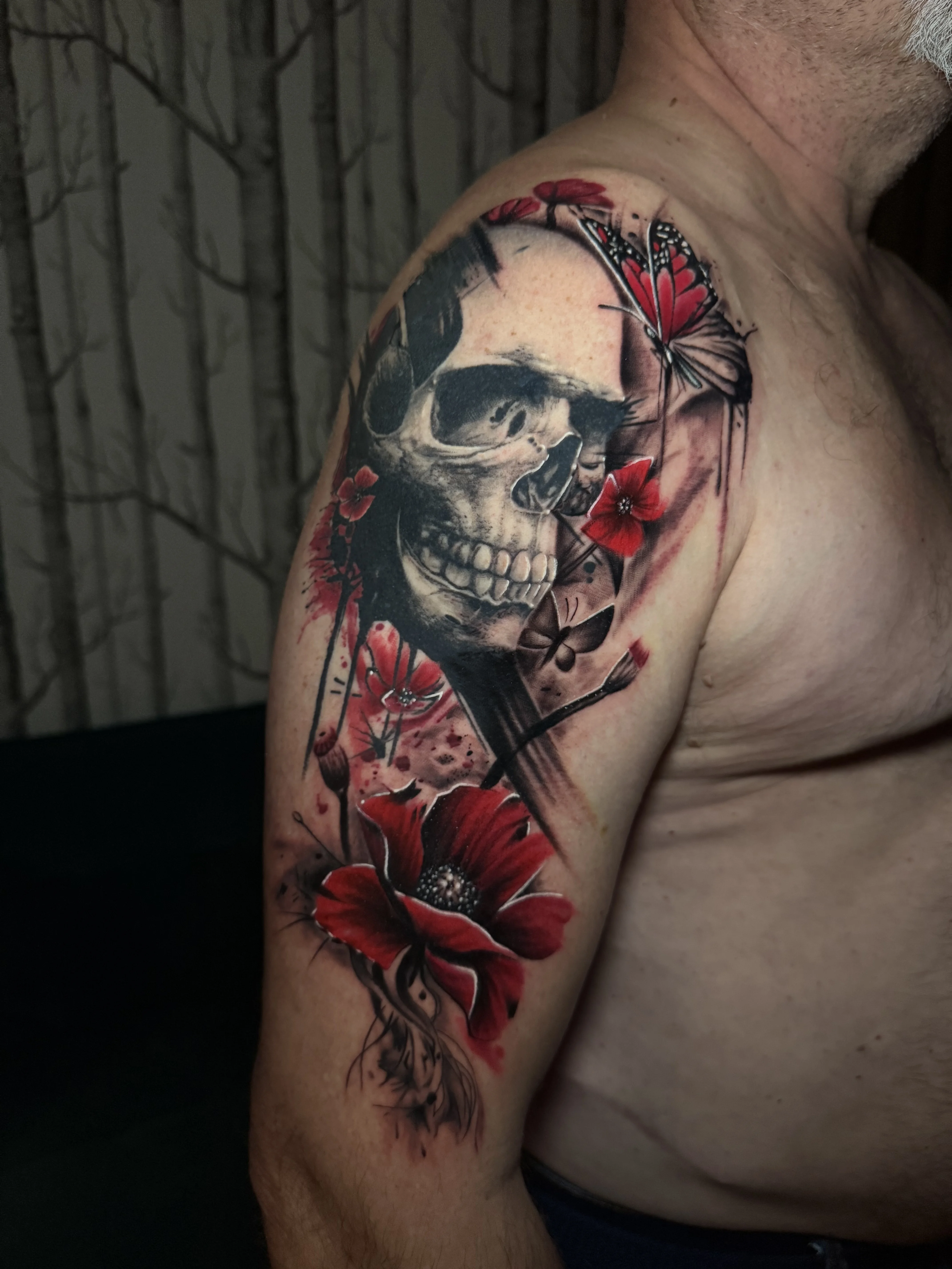 Skull and Red Poppies Half Sleeve: skull, butterfly, poppy flower, wildflowers, dark, floral