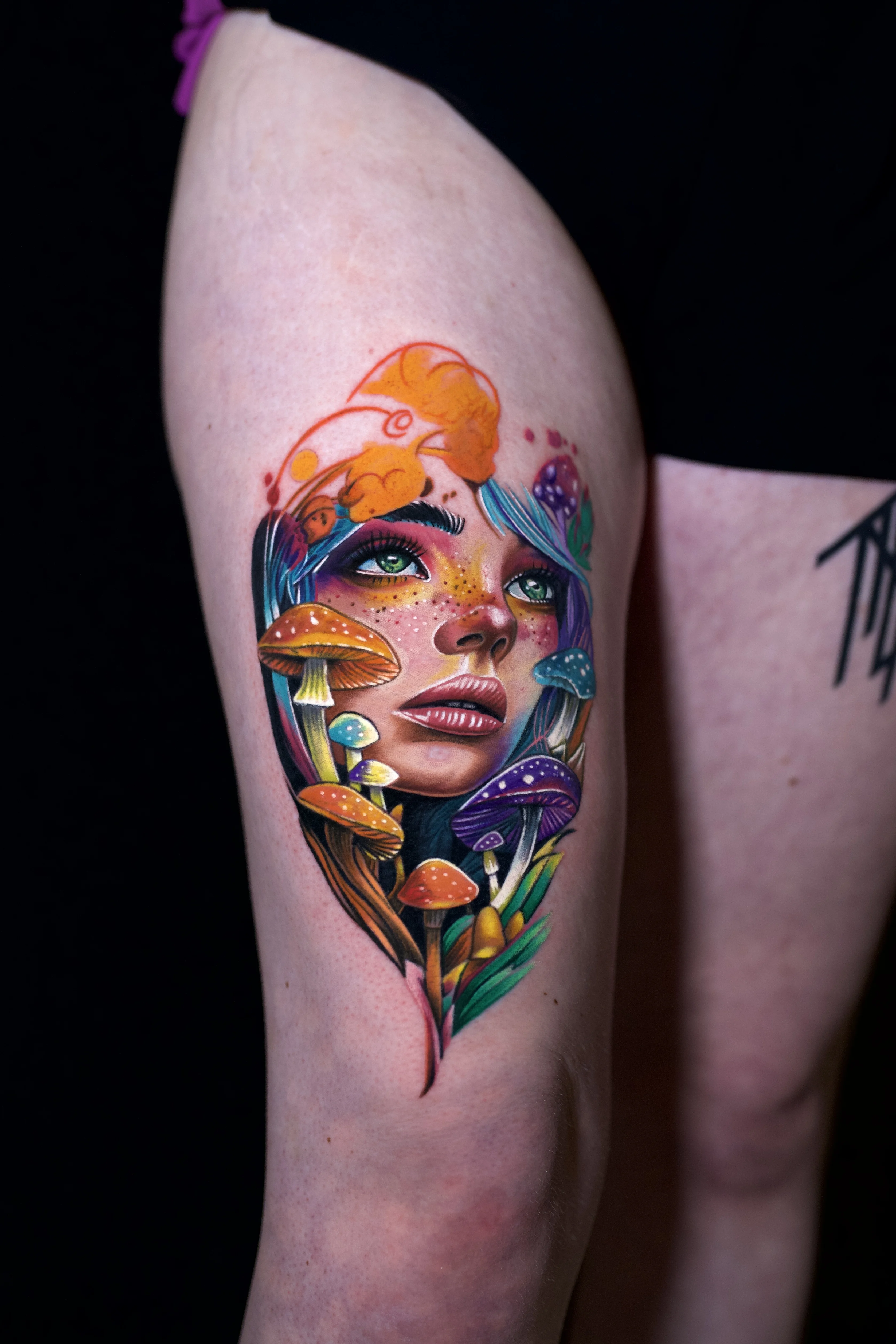 Colorful Woman Portrait With Mushrooms: woman, face, mushrooms, leaves, nature, fantasy