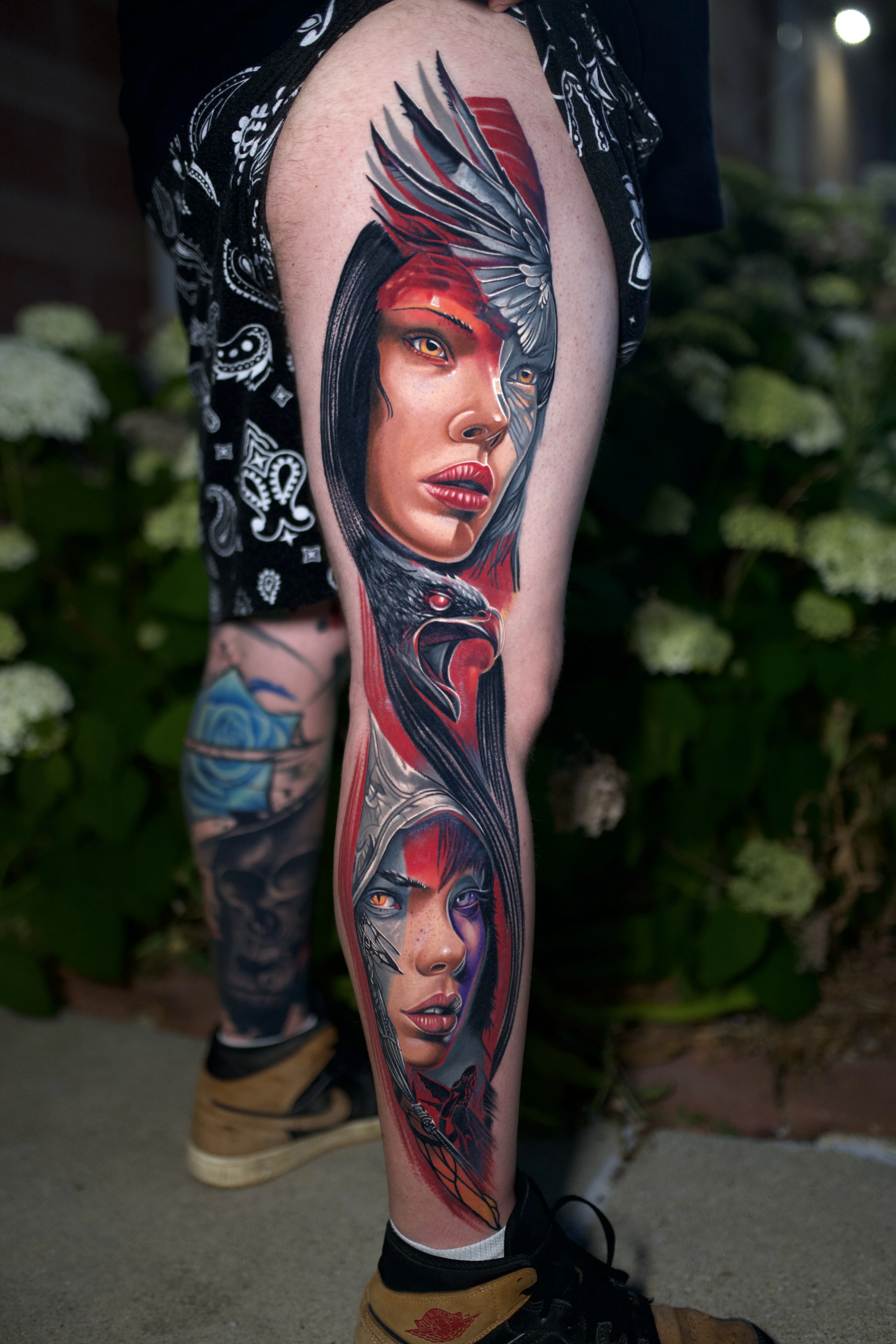 Realistic Woman and Bird Full Leg Sleeve: woman, face, bird, wing, portrait, fantasy