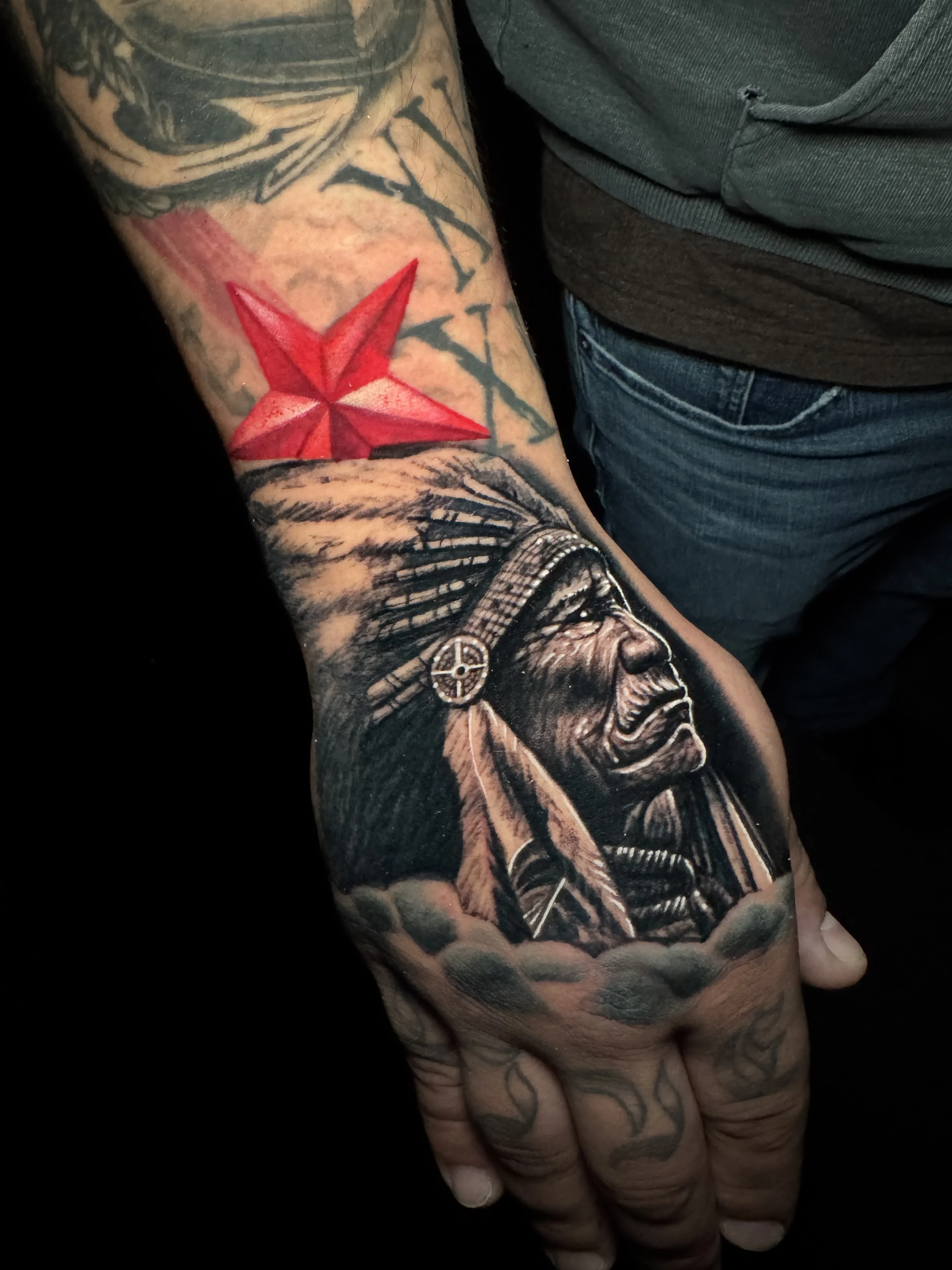 Native American Chief Hand Tattoo: native american chief, headdress, star, clouds, native american, portrait