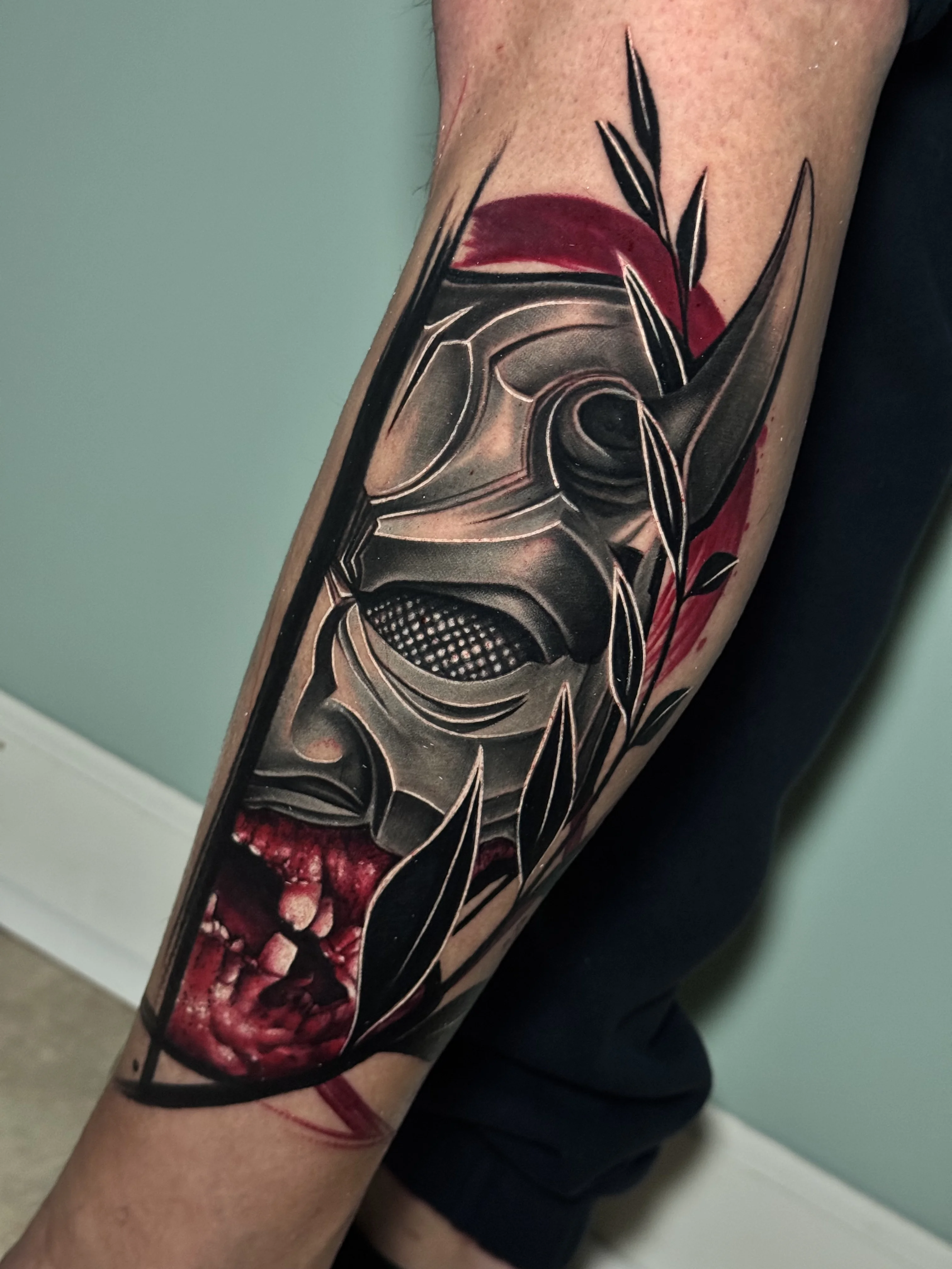 Demon Mask Realistic Forearm: demon mask, horn, leaves, mouth, teeth, mythology