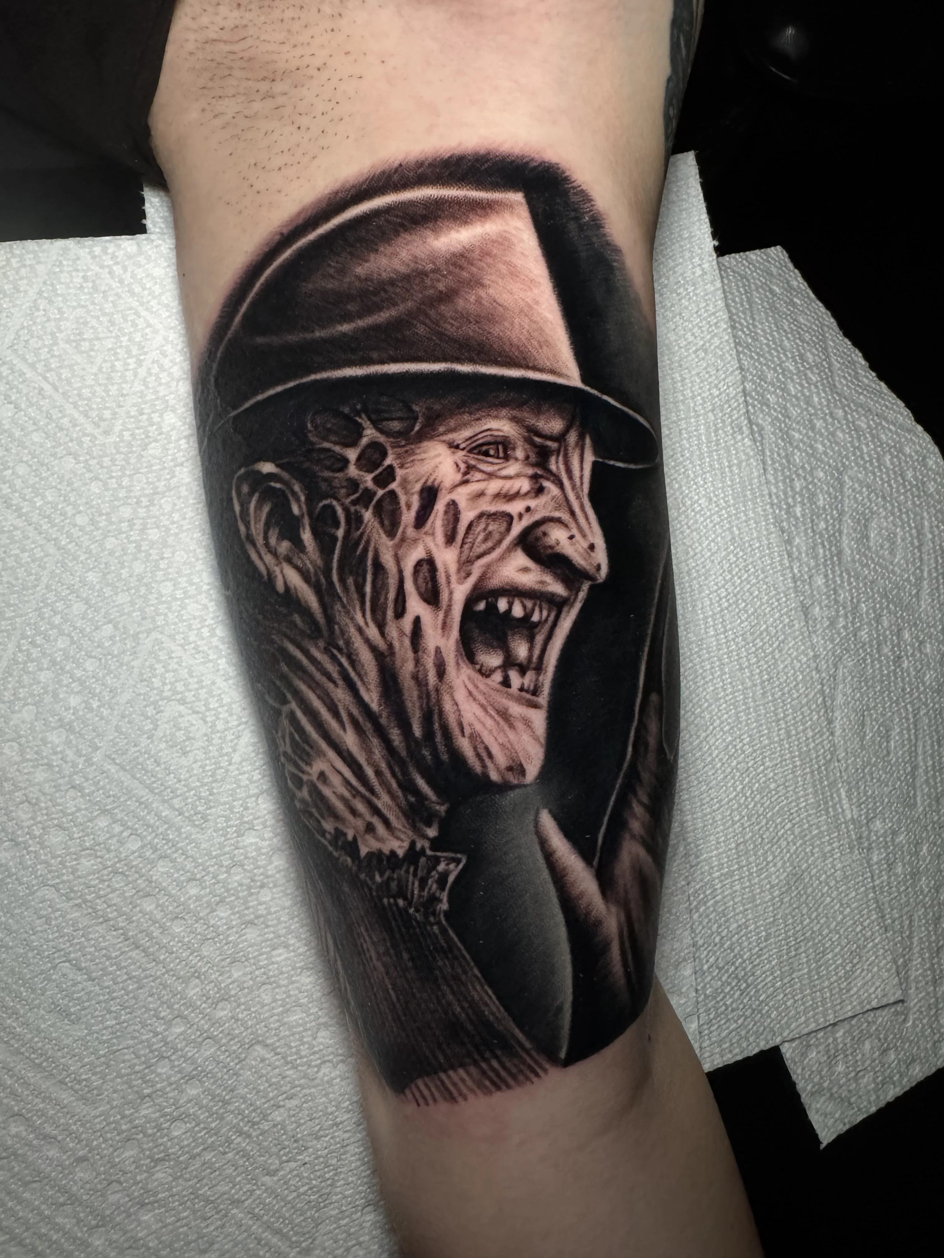 Freddy Krueger Black & Grey Portrait: man, hat, scars, teeth, hand, horror