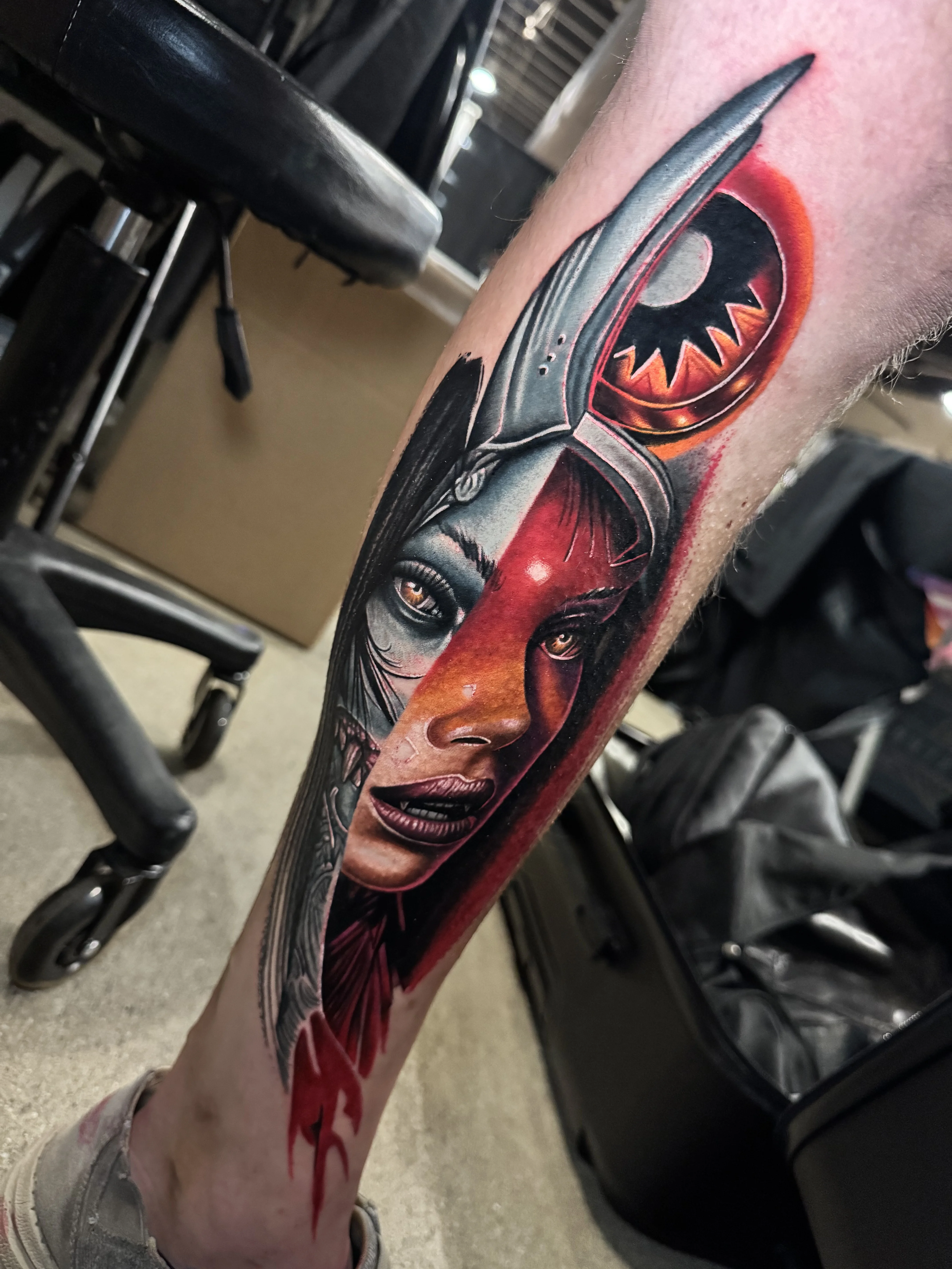 Surreal Woman Face Calf Art: woman face, metal blade, mechanical eye, red moon, surrealism, fantasy