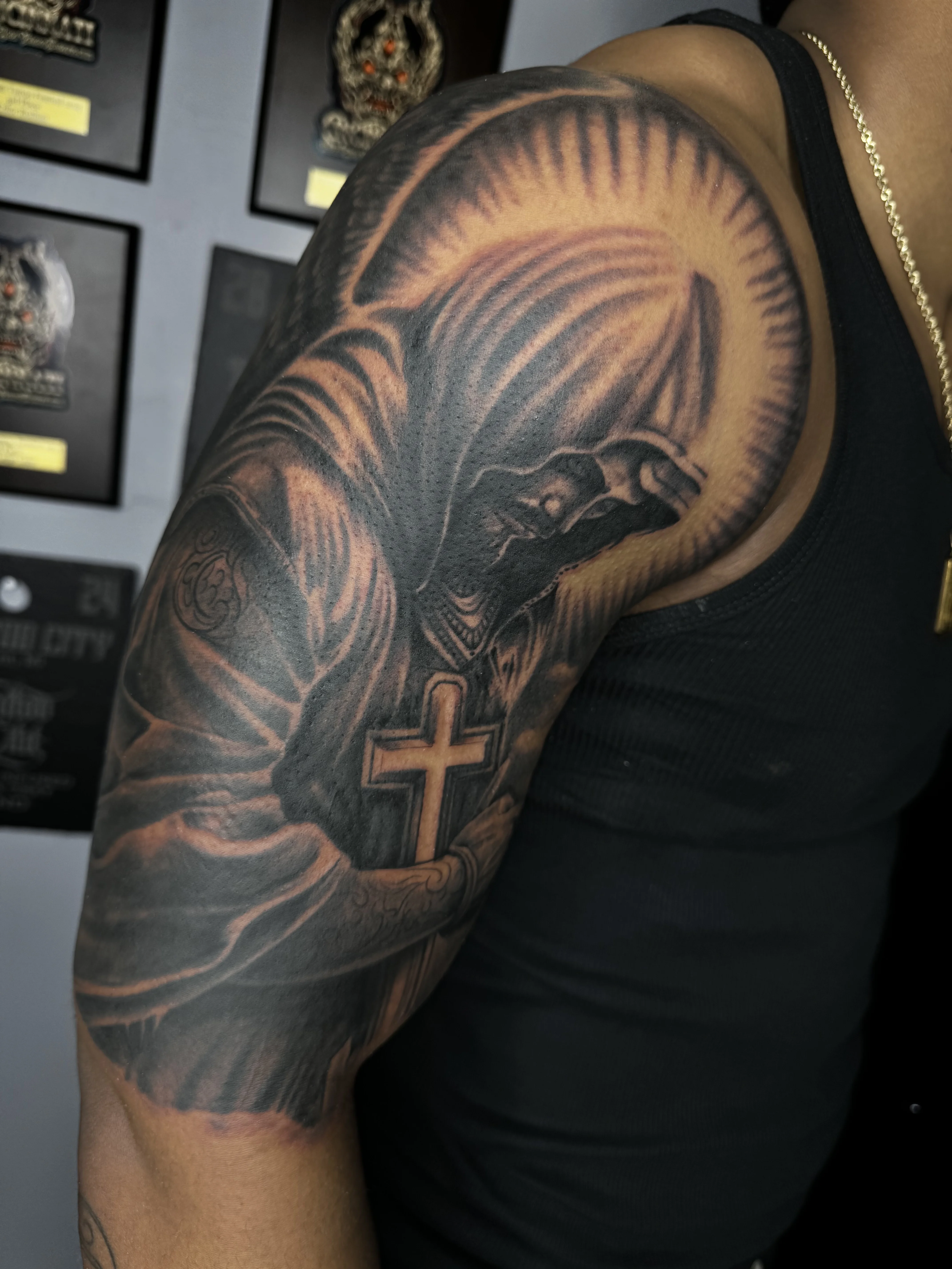 Hooded Figure Praying Half Sleeve: hooded figure, cross, praying hands, religious, spiritual, dark