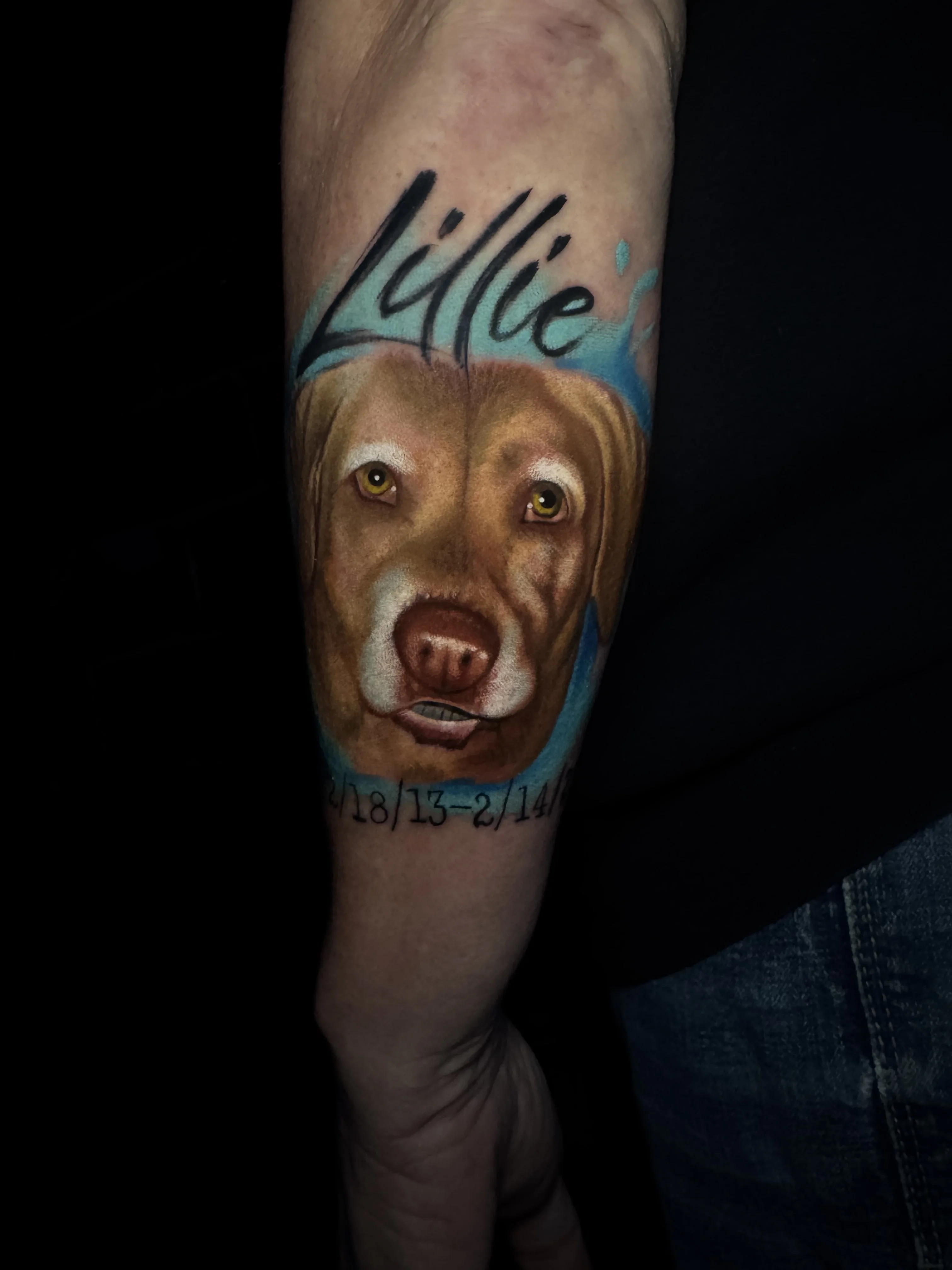 Realistic Dog Memorial Forearm: dog, dog face, name, dates, memorial, animal