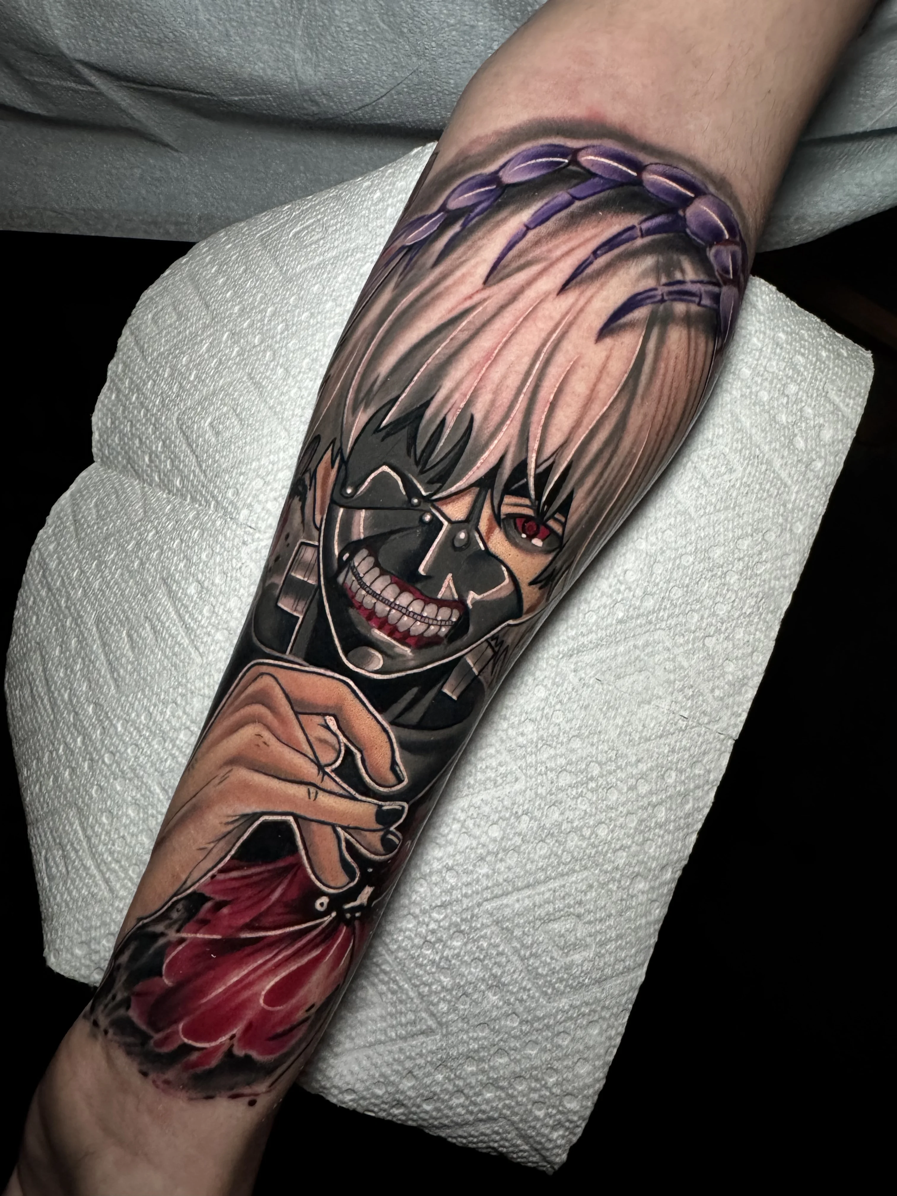 Masked Anime Character Forearm: masked anime character, white hair, red eye, hand, claw, dark